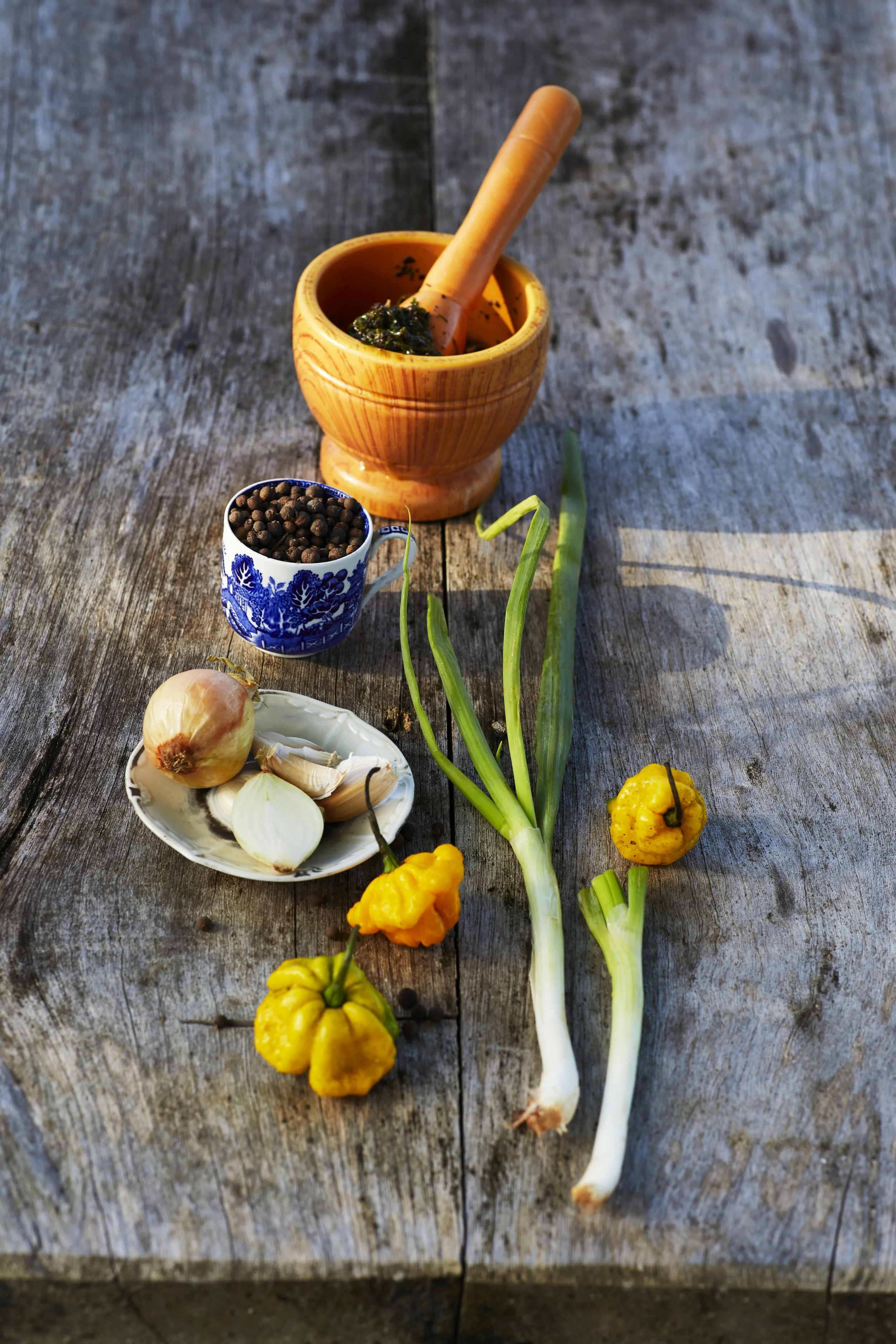 Green onion, peppers, and onions on an outdoor table.