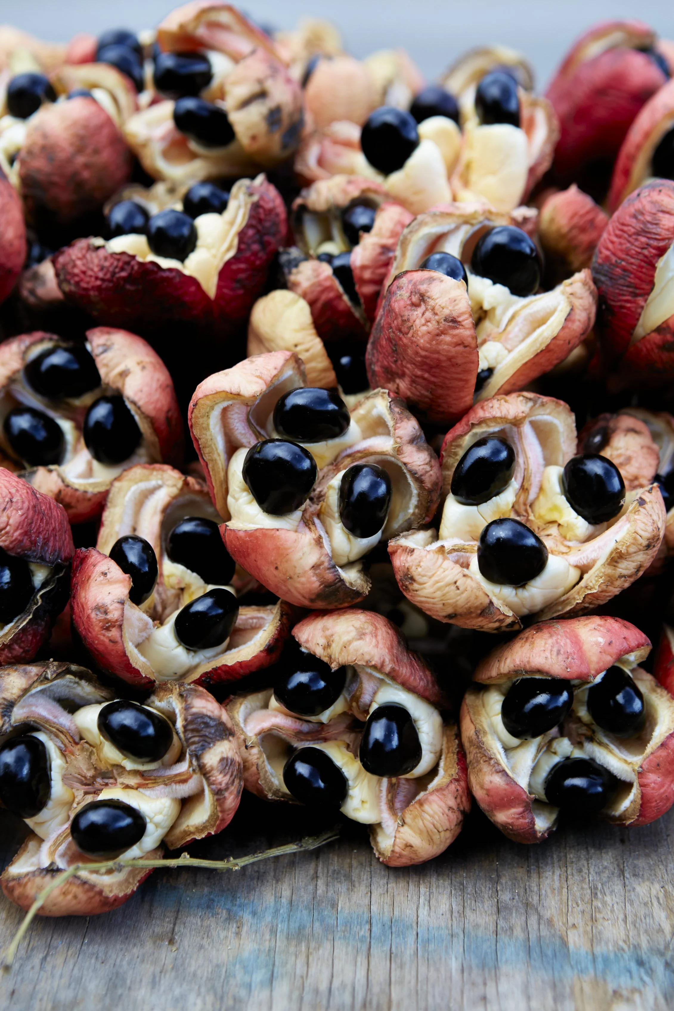 Red and black ingredients on a table.