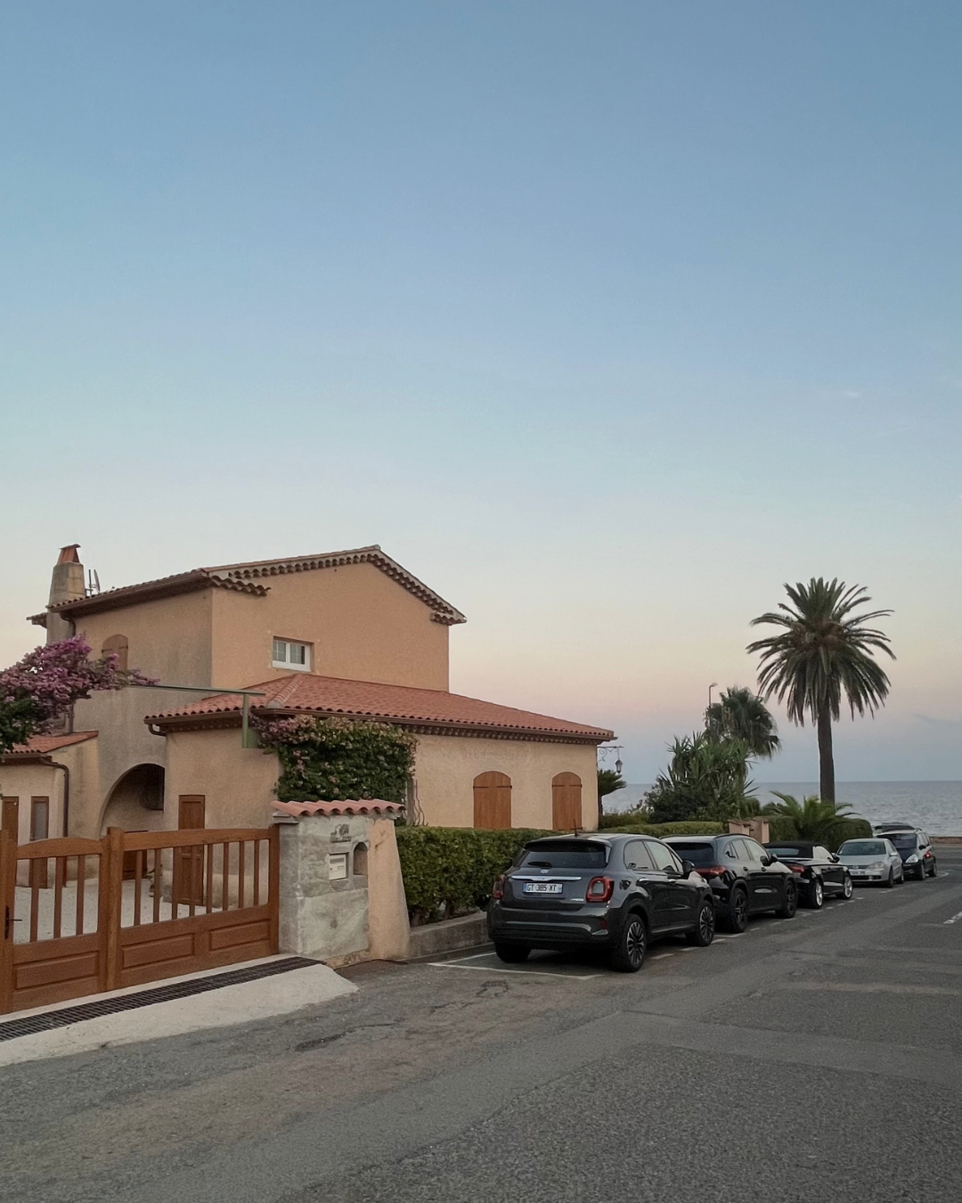 A seaside residential street with parked cars, a pink stucco house with a tiled roof, flowering plants, palm trees, and the ocean in the background, under a clear sky.