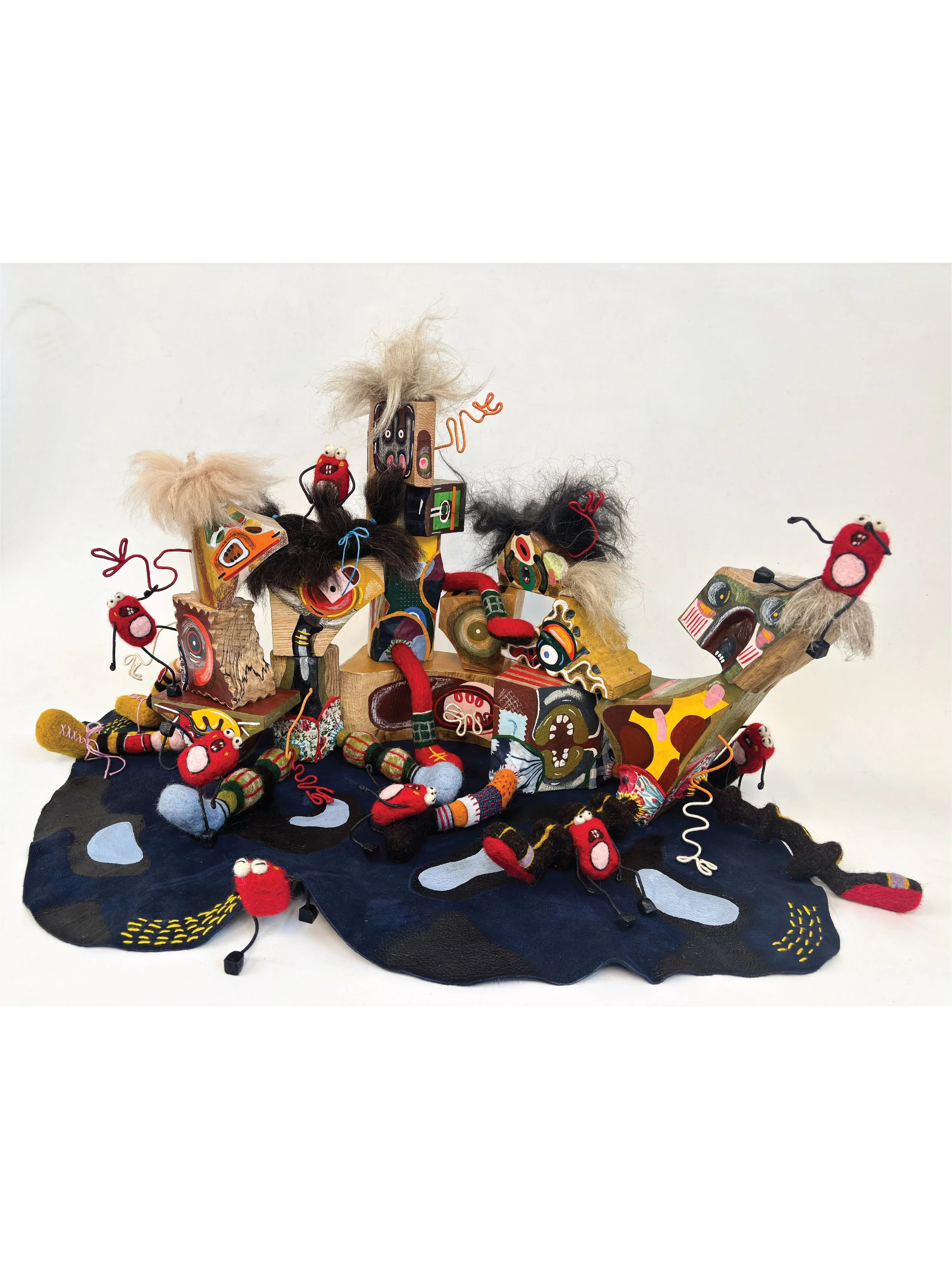 Creature Composition, 2026 - Mixed media (fibres, textiles, paint, pencil, and wire) on wood and leather - h37 x w70 x d39 cm
