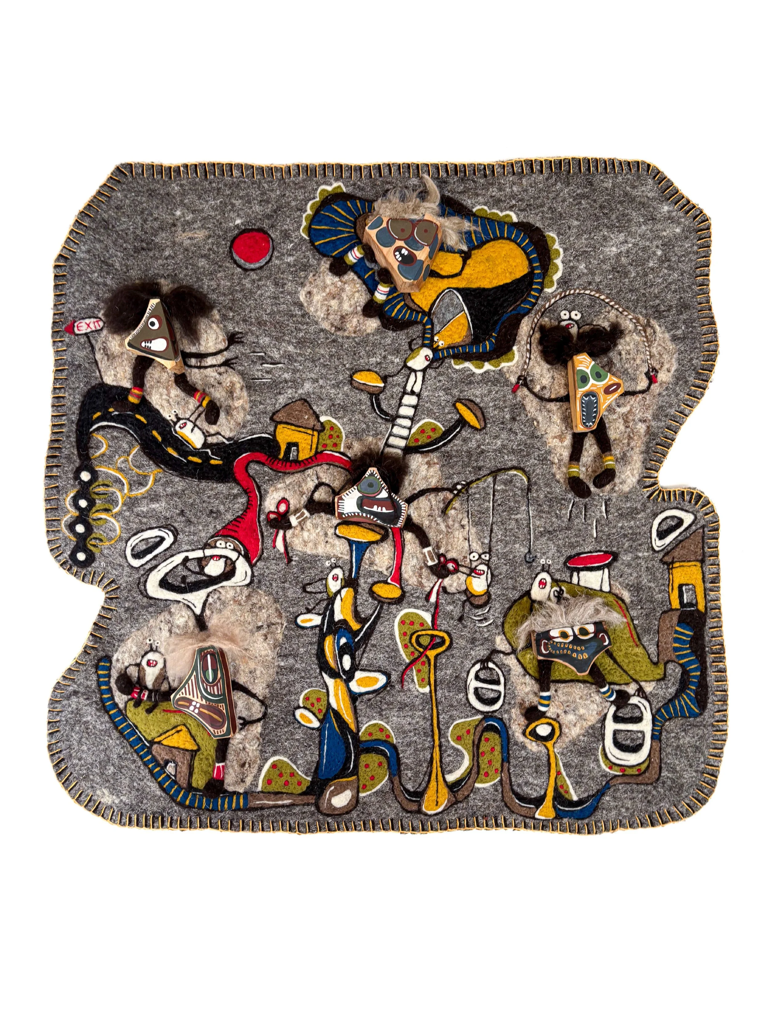 Interconnected Mad World, 2025 - Mixed media on wool felt mat - h100 x w100 cm