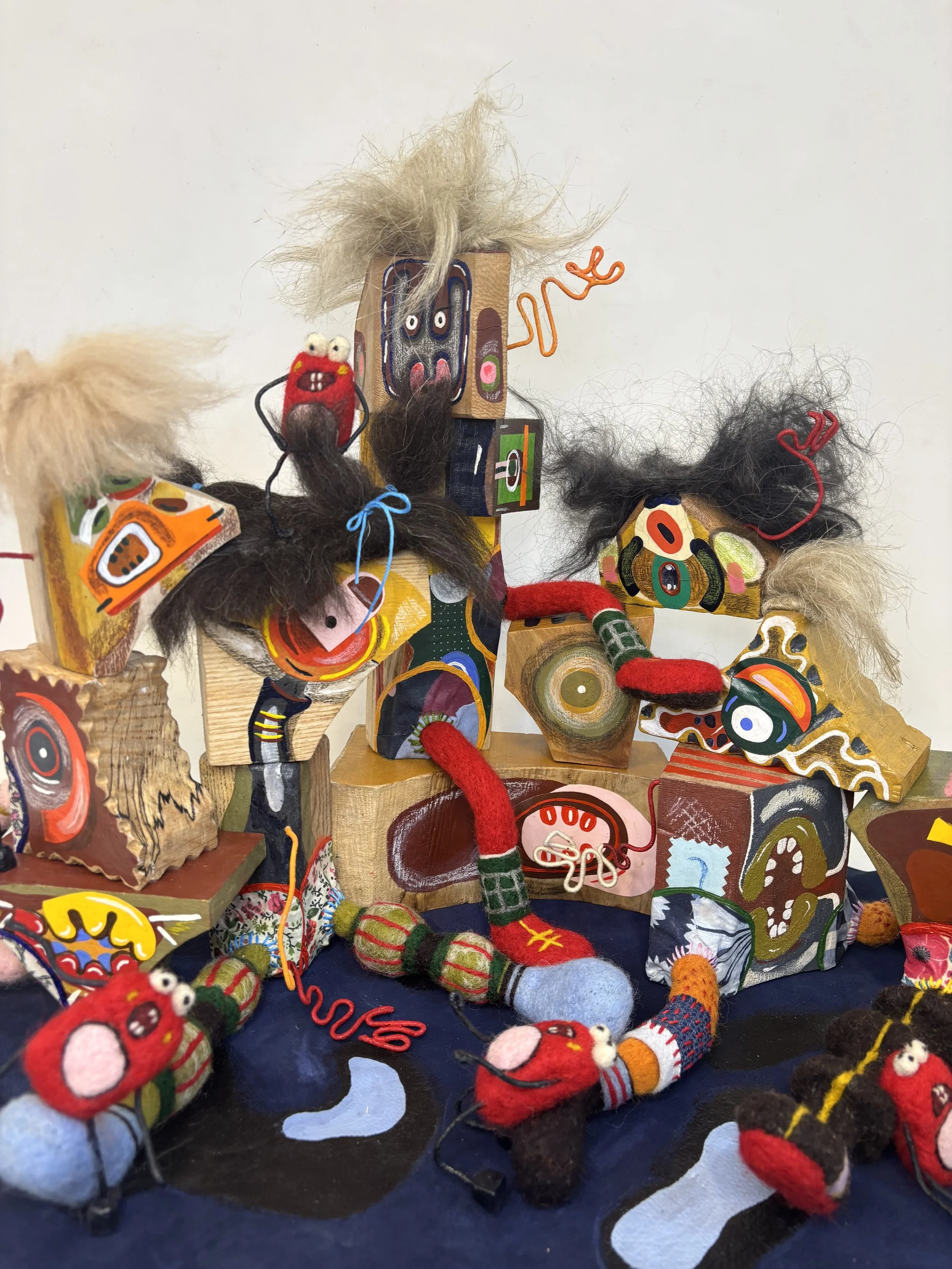 Creature Composition, 2026 - Mixed media (fibres, textiles, paint, pencil, and wire) on wood and leather - h37 x w70 x d39 cm