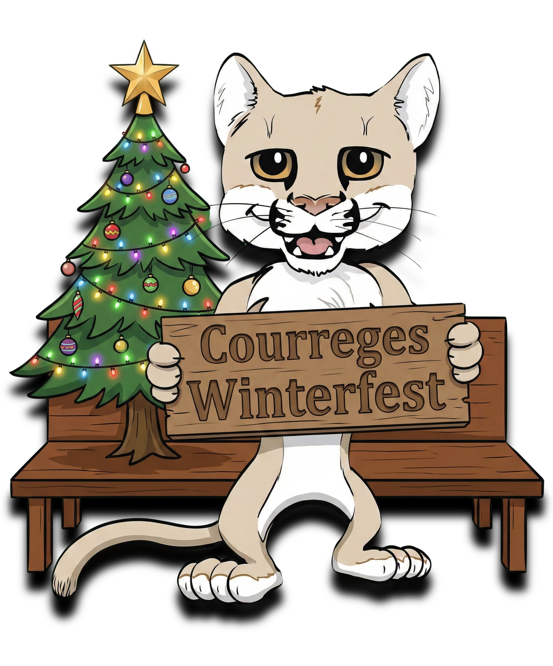 Cartoon illustration of a lion holding a wooden sign that says 'Courreges Winterfest,' standing in front of a decorated Christmas tree with colorful lights and ornaments.