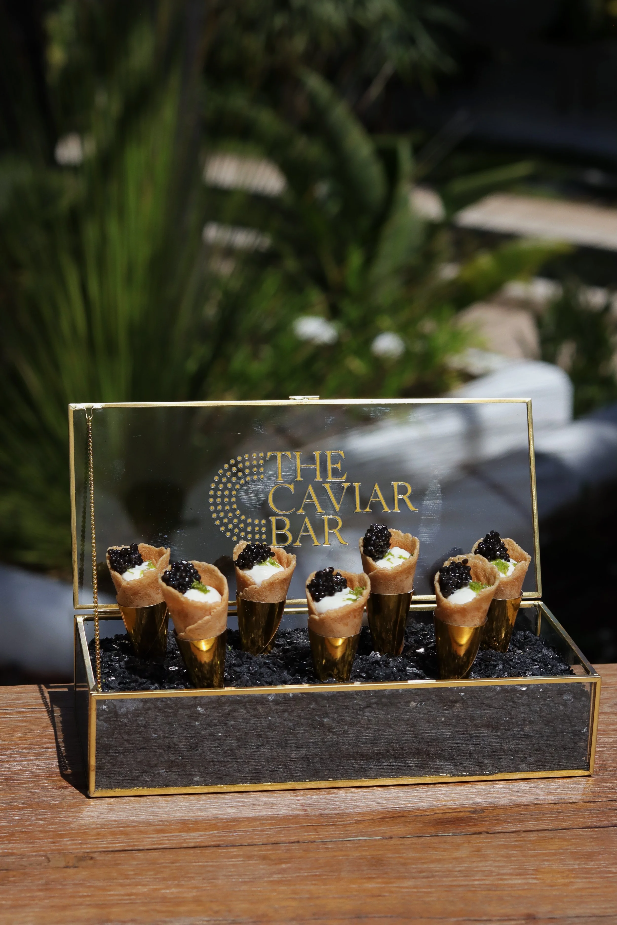 A display of caviar served in small cone-shaped cups on a black bed of crushed ice, with a sign that says 'The Caviar Bar' behind it.