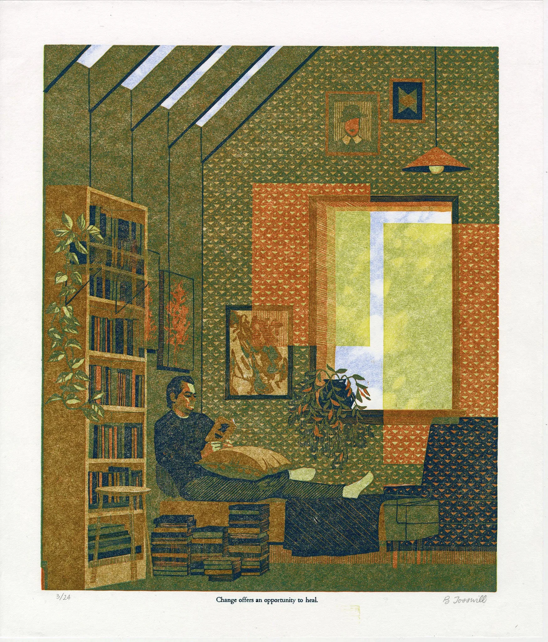 Change offers an opportunity to heal, Linocut (navy blue key layer)