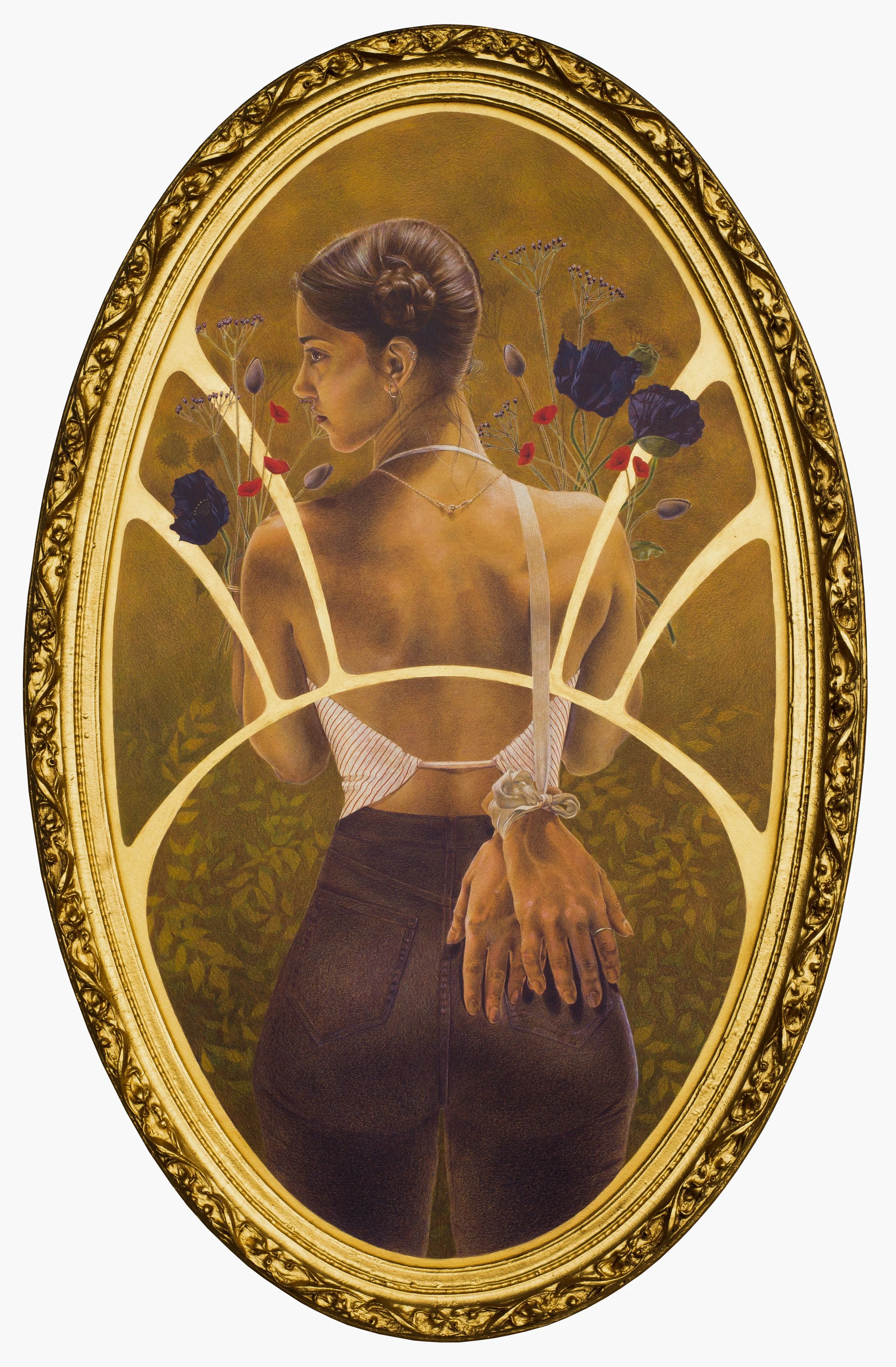 "The Woman Without Hands" coloured pencil, gold ink, found frame 20x30" 2016