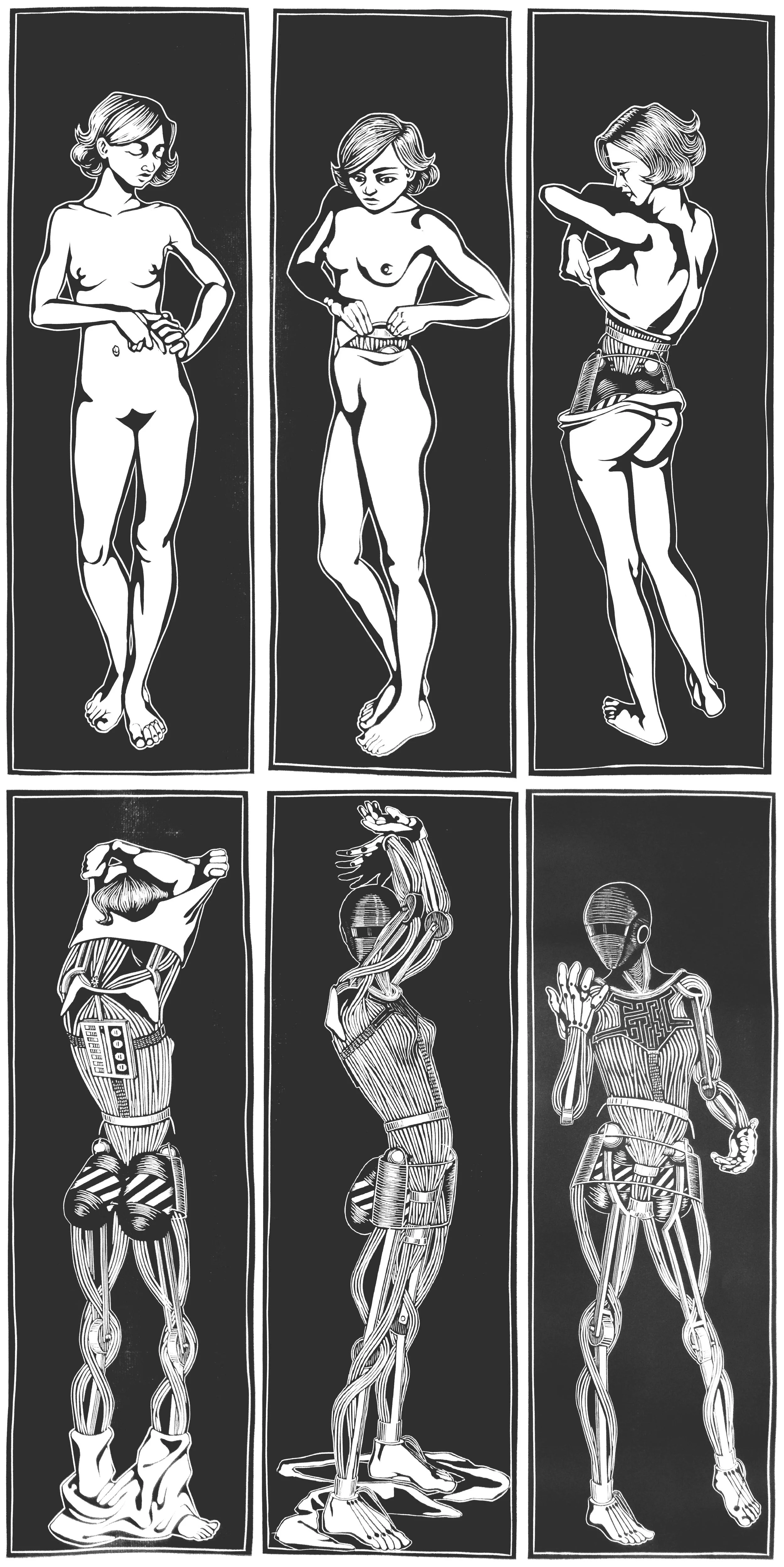 "Obsolete" linocut, 6 panels 5x15" each, 2014