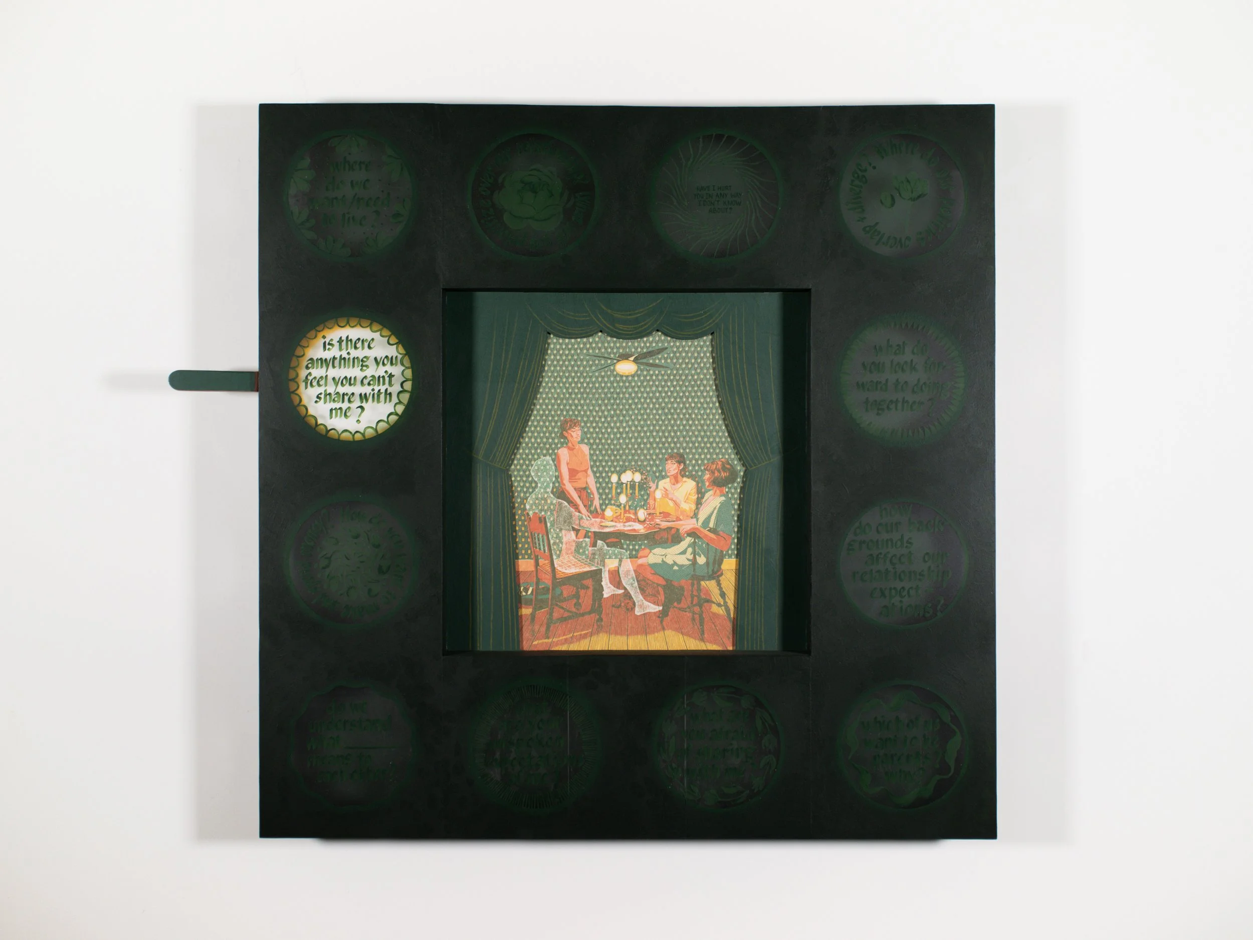 "Third Act Conversation" Linocut & Mixed Media 36x36", 2026