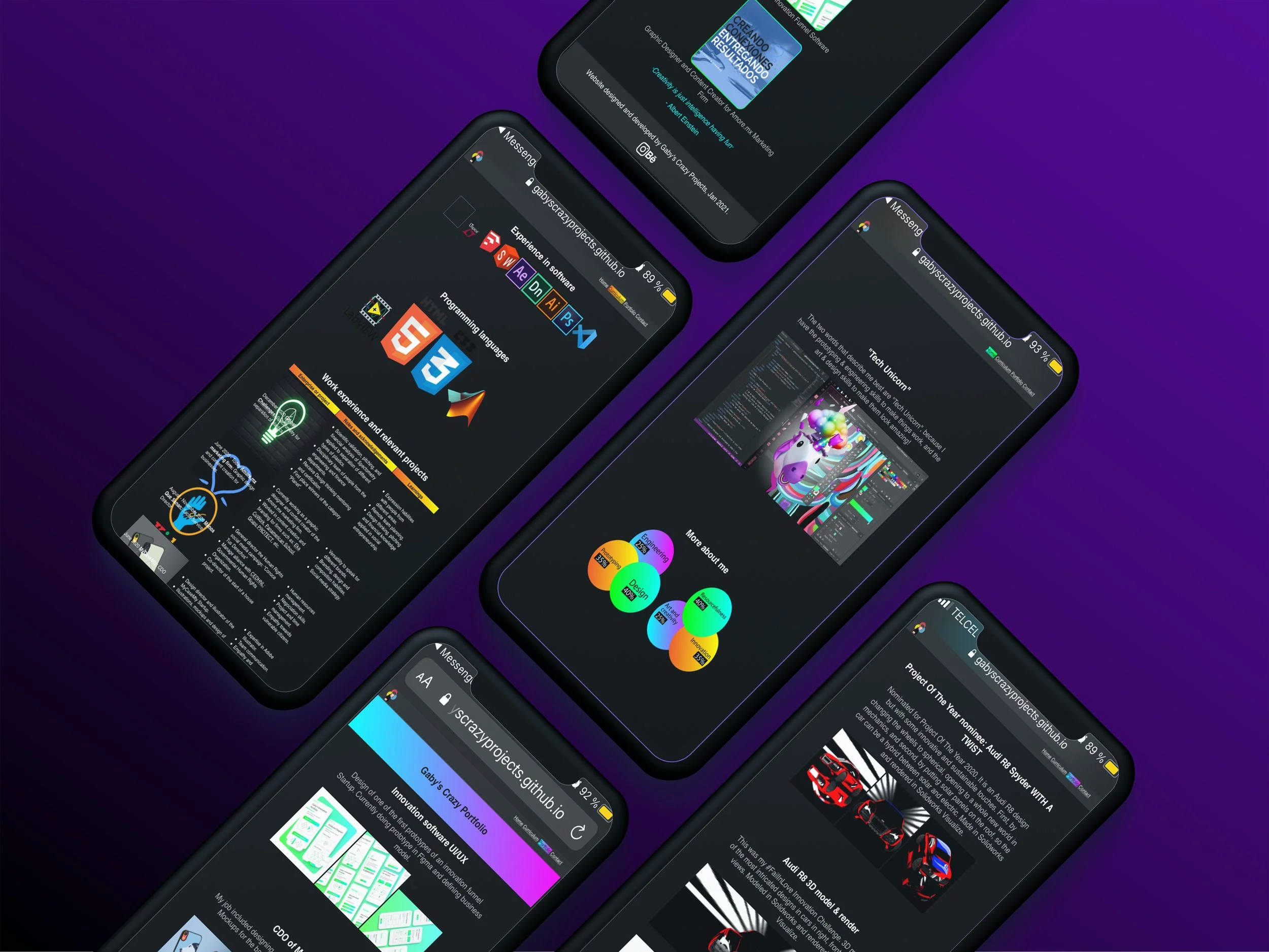 Five smartphones displaying various GitHub pages with dark themes, colorful graphics, and project information on a purple background.
