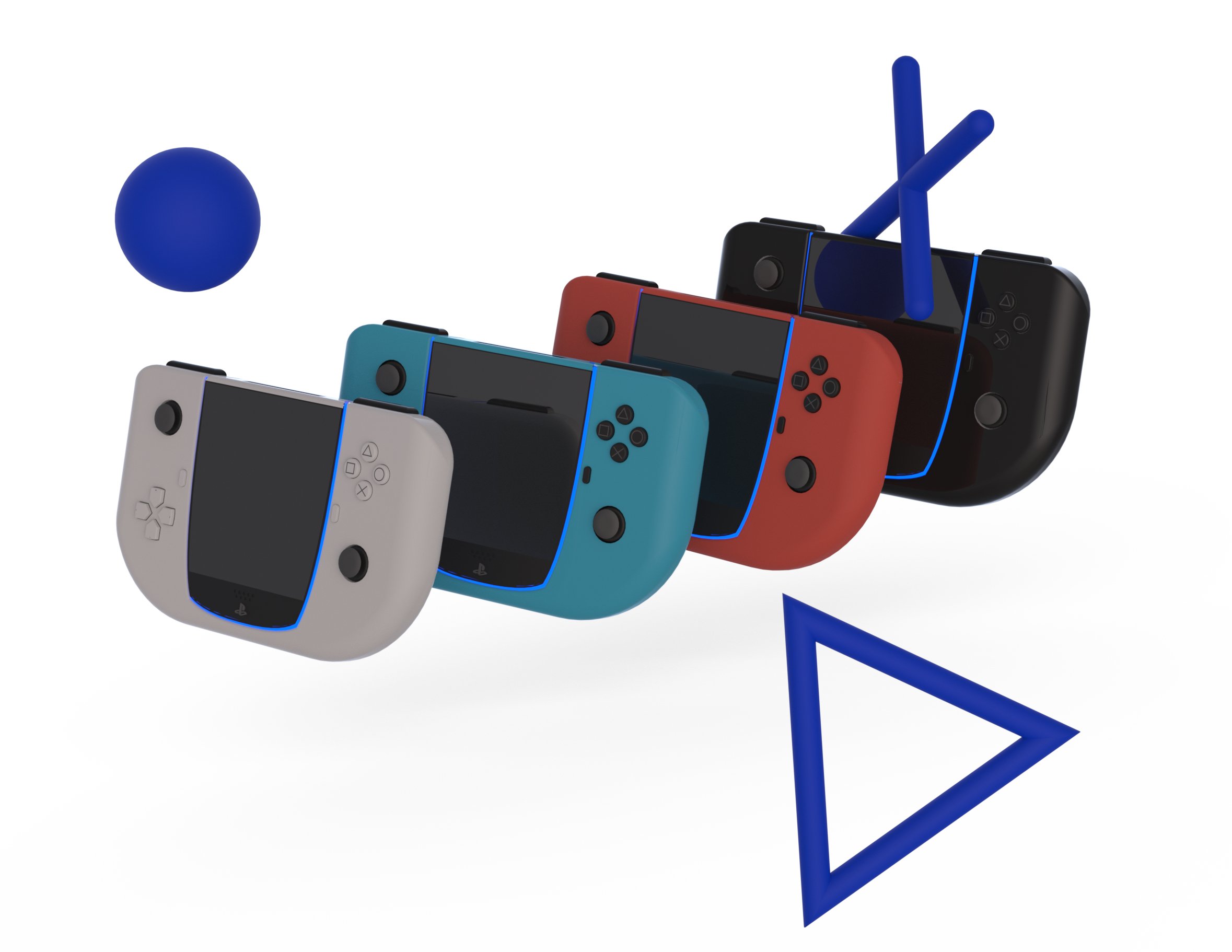 Three PlayStation Vita handheld gaming consoles in white, teal, and red, with a black one in the back, featuring blue accents, a blue ball, and a blue triangle shape floating around on a white background.
