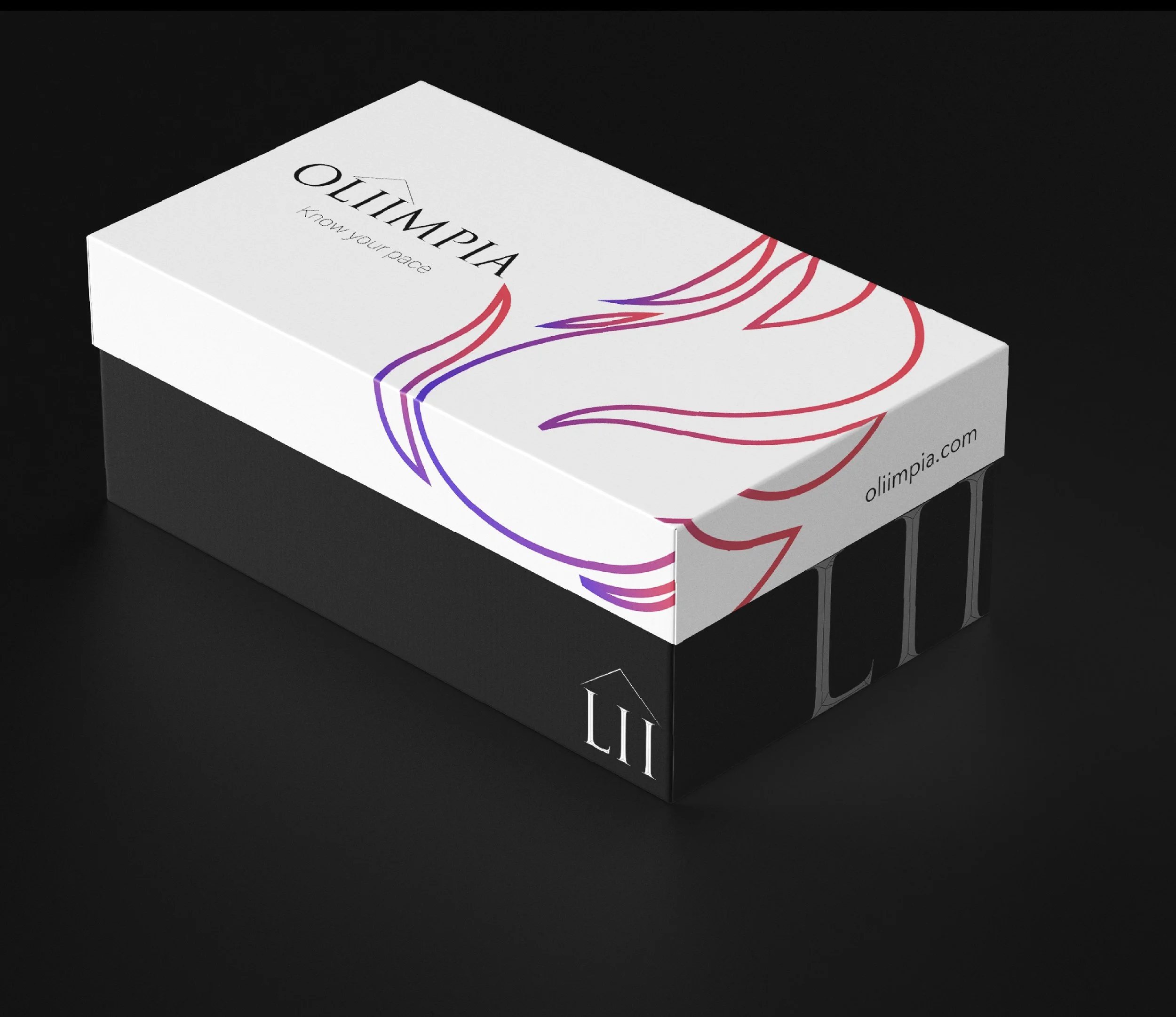 Black and white shoebox with "OLIIMPIA" logo and purple-red design on lid.