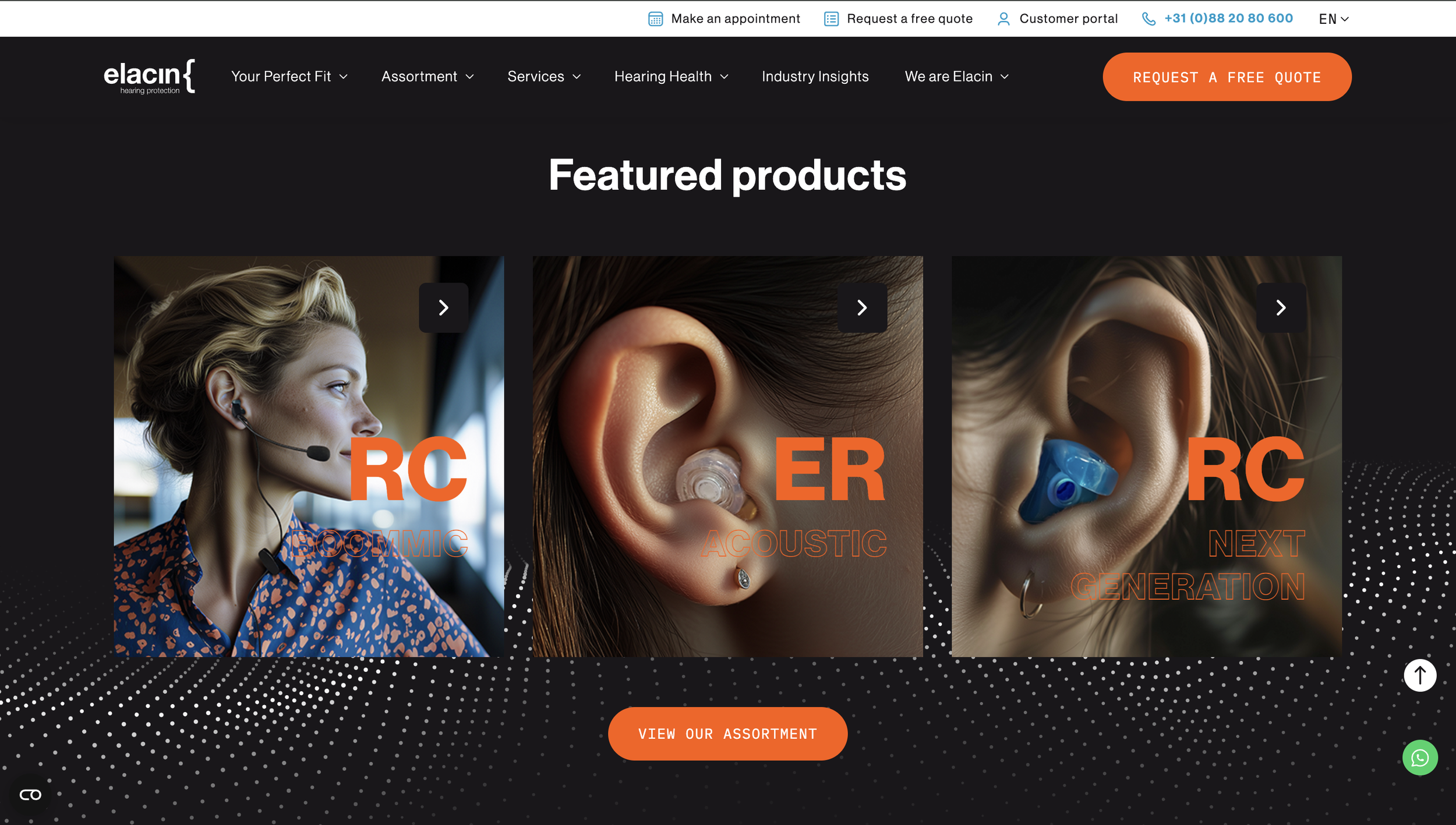 Elacin website homepage featuring three product images: a person wearing a headset with the text "RC DYNAMIC", an ear with an earplug and the text "ER ACOUSTIC", and an ear with a blue earplug and the text "RC NEXT GENERATION". The page includes navigation links and buttons for appointments and quotes.