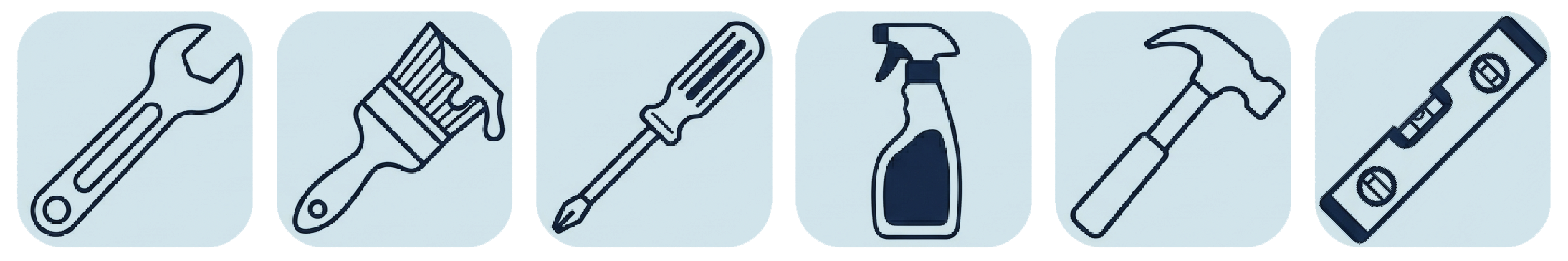 Line drawings of various tools including a wrench, paintbrush, screwdriver, spray bottle, hammer, and level.