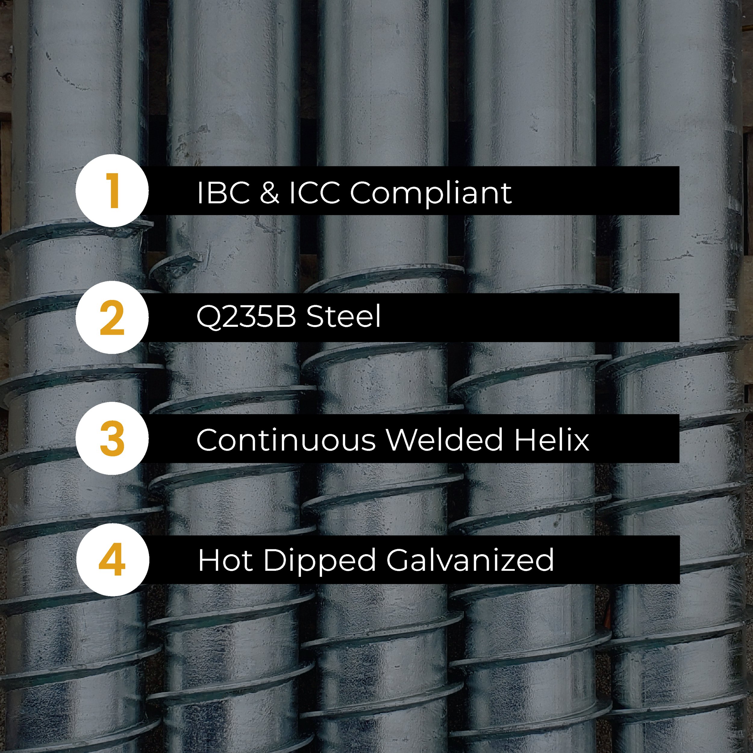 A close-up photo of ground screws black labels indicating specifications: 1. IBC & ICC Compliant, 2. Q235B Steel, 3. Continuous Welded Helix, 4. Hot Dipped Galvanized.
