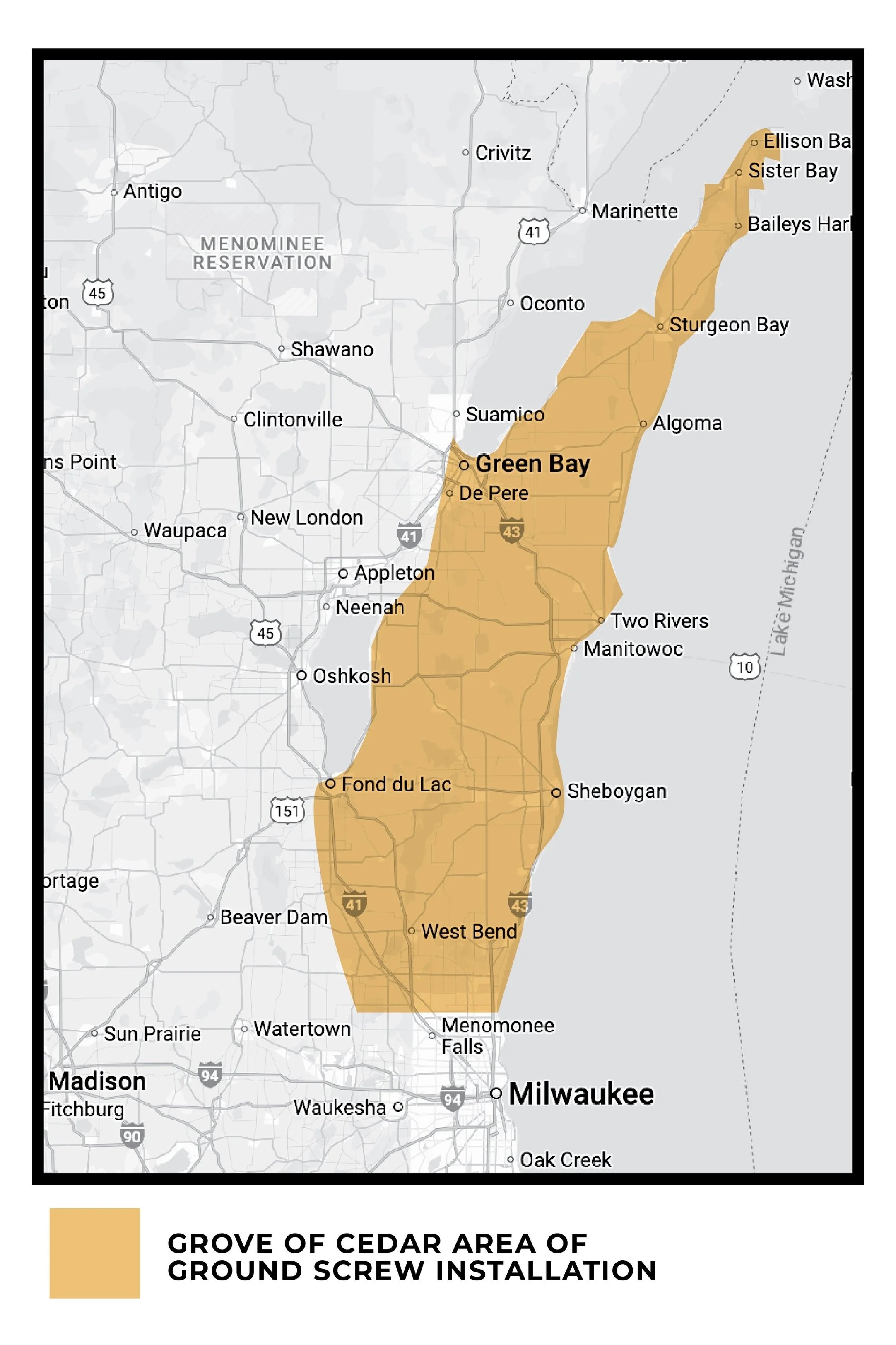 Map showing service area in Eastern Wisconsin where Grove of Cedar LLC installs ground screws.