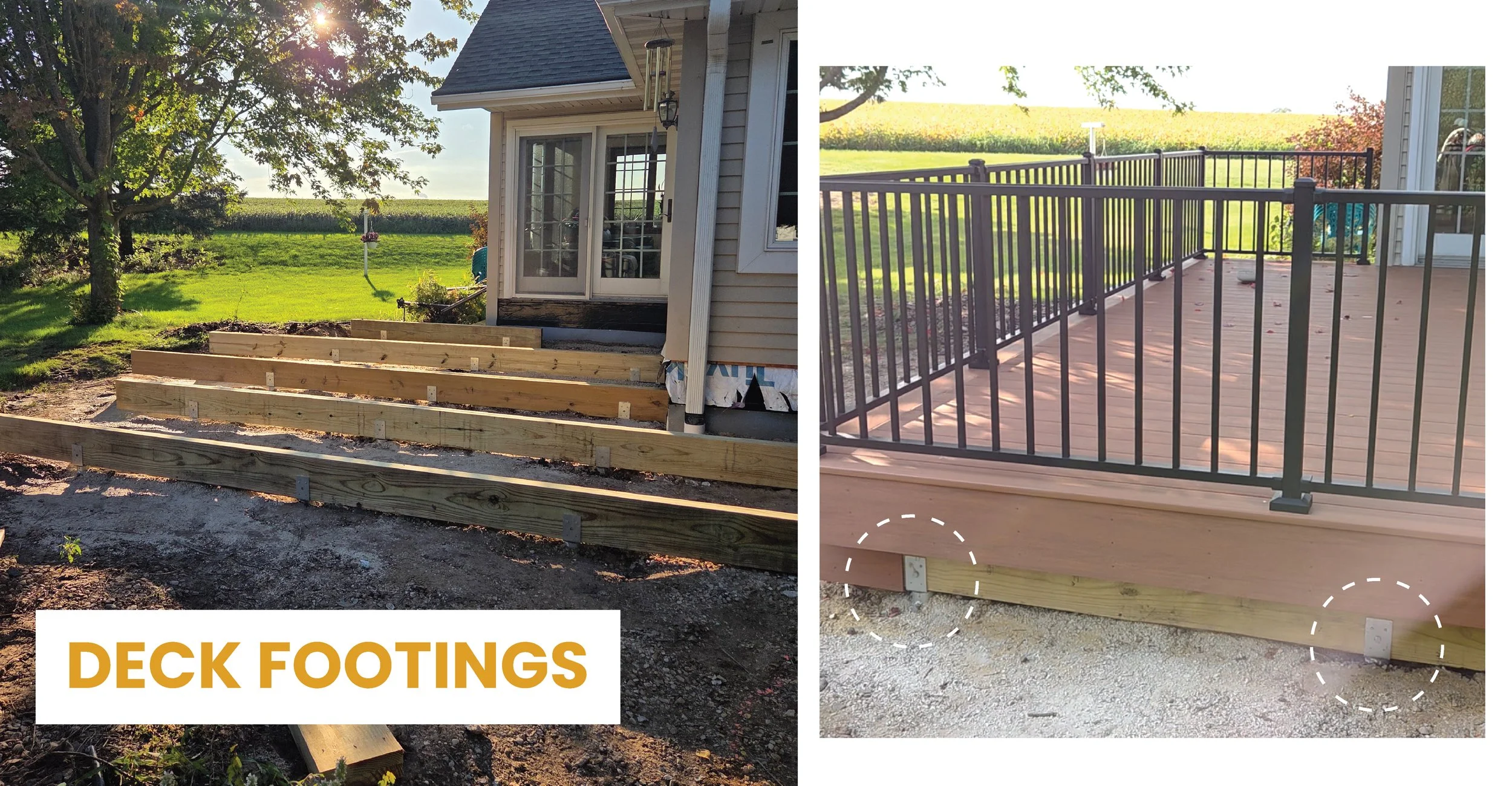 Comparison of deck during and after completion showing ground screws used as deck footing.