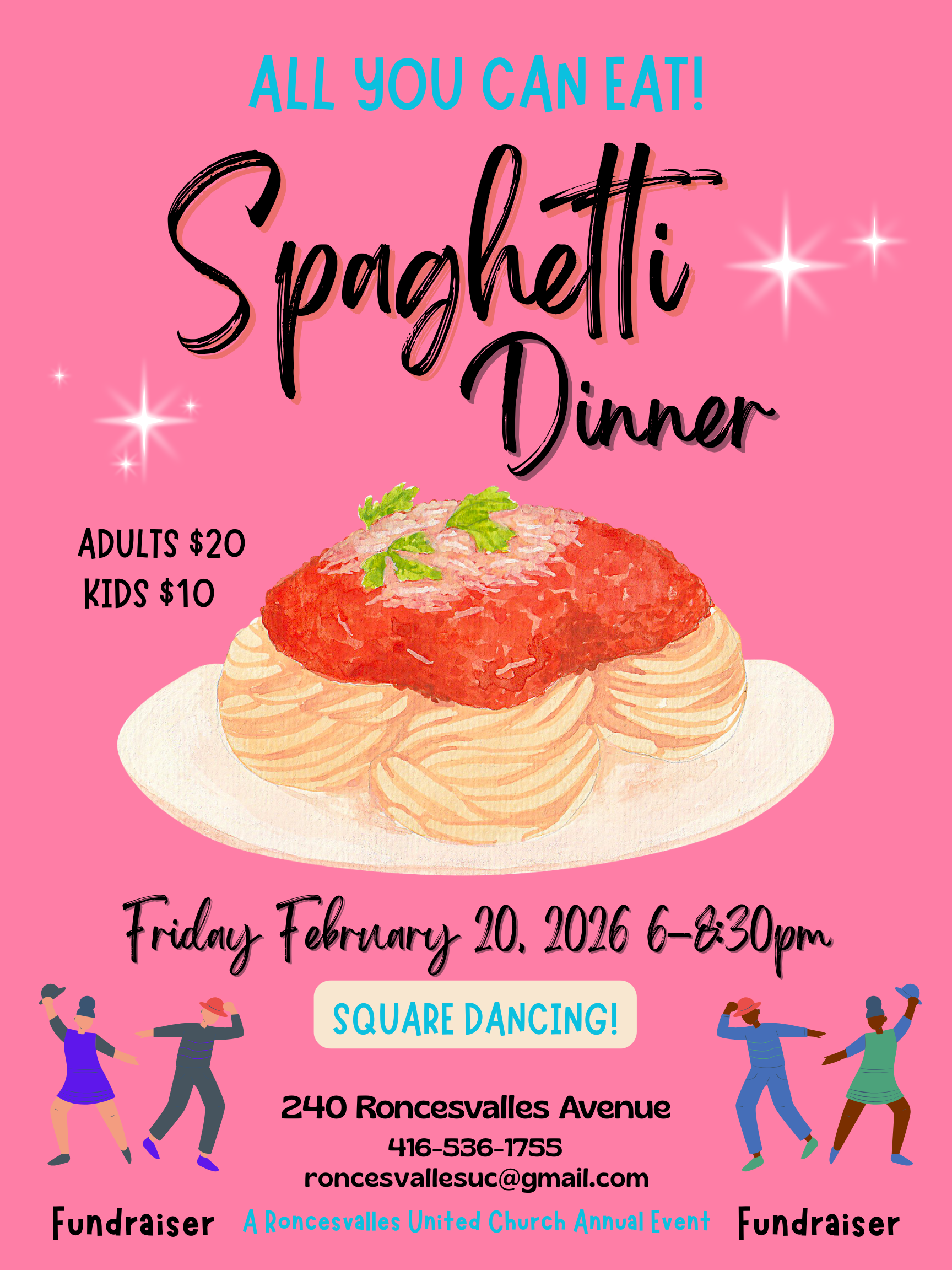 Poster advertising an all-you-can-eat spaghetti dinner with a pink background, a plate of spaghetti with tomato sauce, and dancing figures at the bottom. Event details include date, time, location, and contact information.