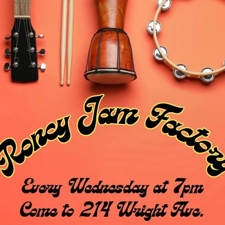 Musical instruments including a guitar, drumsticks, hand drum, and tambourine on an orange background with text promoting "Rony Jam Factory" every Wednesday at 7pm at 214 Wright Ave.