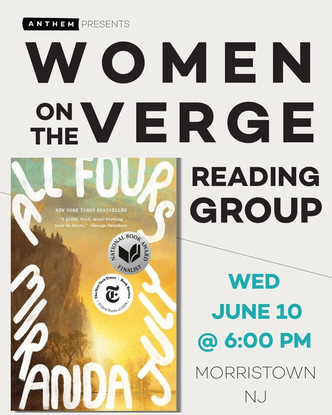 Our new Women on the Verge Reading Group explores electric #fiction that captures women standing at the brink of transformation, unraveling, and everything in between.

Our first selection is "All Fours," by Miranda July.

From the publishe