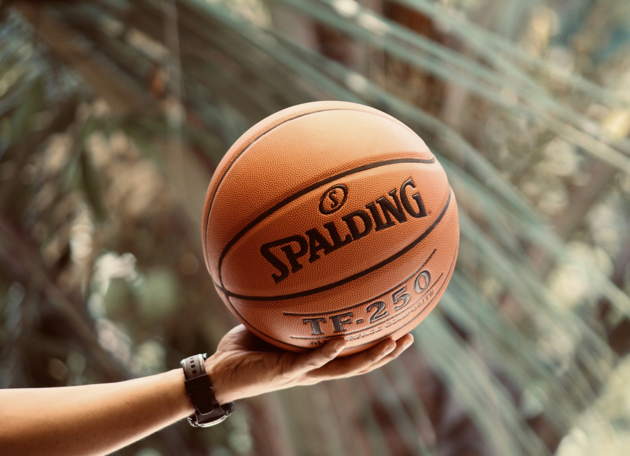 Person holding an orange Spalding basketball with black text, outdoors with blurred background of greenery.