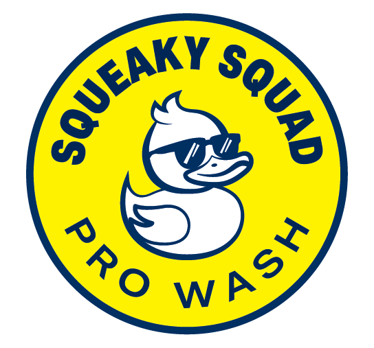 Yellow logo with a duck wearing sunglasses in the center, surrounded by the text "Squeaky Squad Pro Wash."