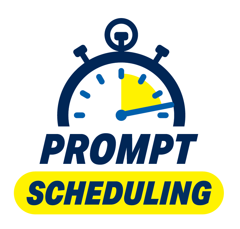 Illustration of a stopwatch with a yellow highlighted section and the words 'Prompt Scheduling.'