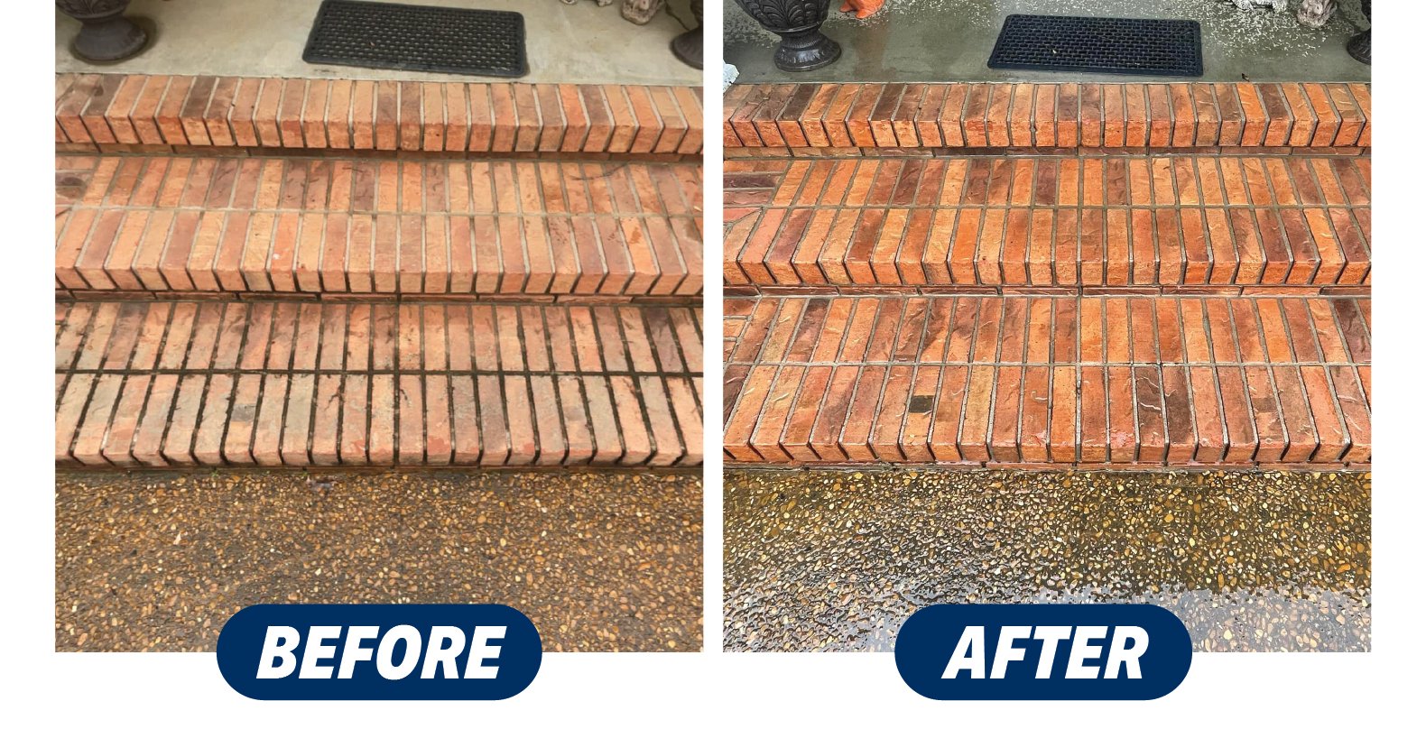 Side-by-side comparison of brick stairs before and after cleaning, showing dirt and grime removed for a cleaner appearance.