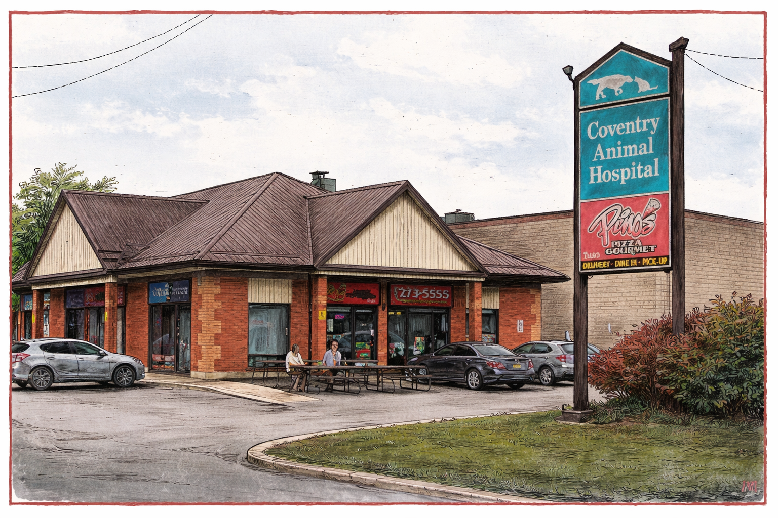 Exterior of Pinos Pizza Plaza with a signboard and outdoor seating area, parked cars, and a small grassy area.