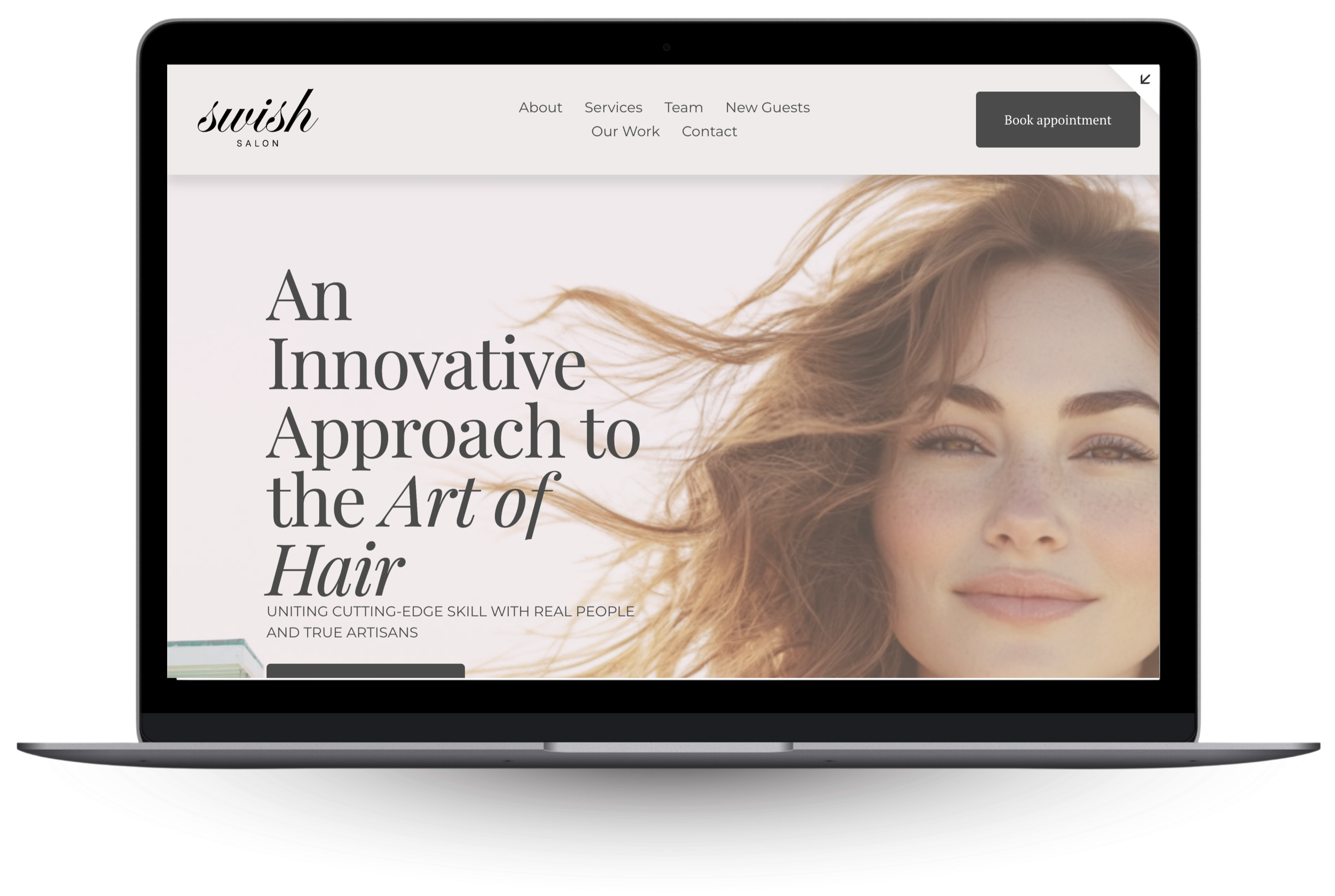 Laptop displaying a website for Swish Salon, featuring a woman with red hair and text about innovative hair styling approaches.