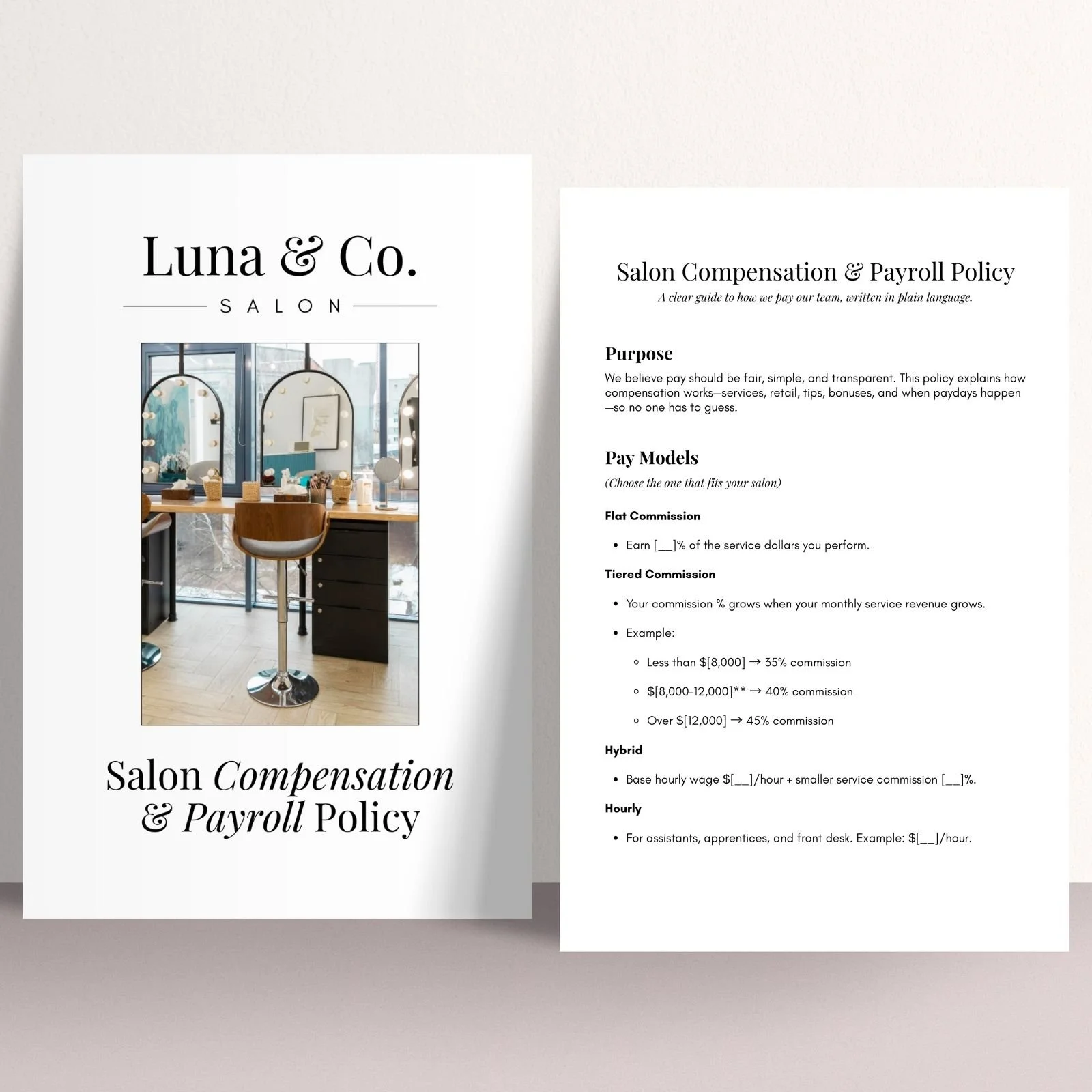 Printed document titled 'Luna & Co. Salon' with a photo of salon interior and a detailed salon compensation and payroll policy.