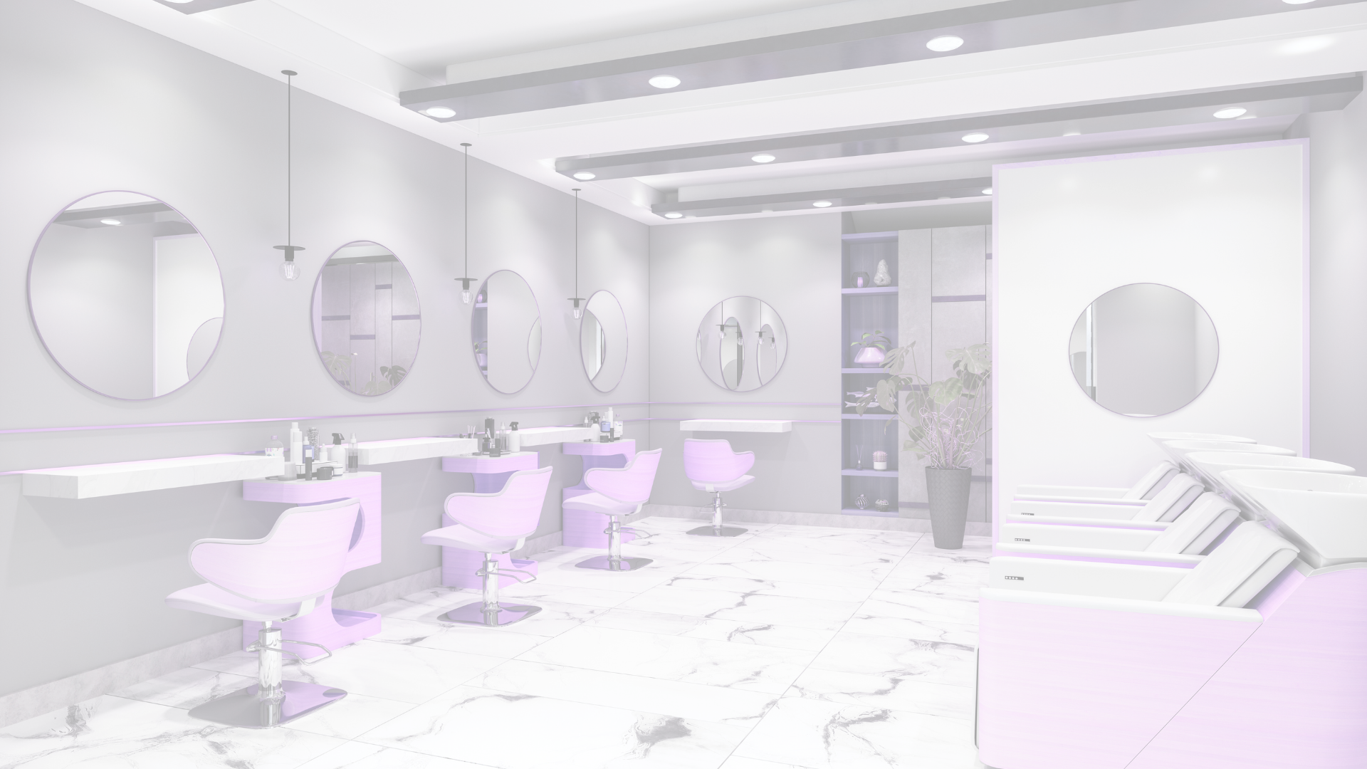 Modern, minimalistic salon with white and pastel purple decor, circular mirrors on the wall, styling stations with chairs, and a row of washing basins on the right.