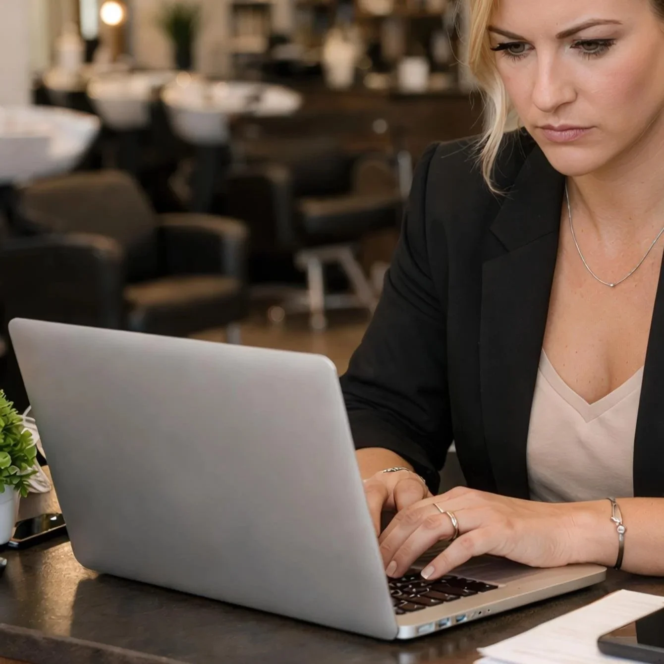 A woman in a black blazer working on a silver laptop at a cafe or restaurant.