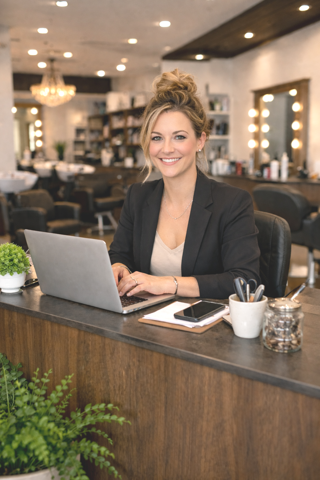 A smiling woman sitting at a salon reception desk with a laptop, smartphone, notebooks, and pens, in a well-lit salon with mirrors, chairs, and salon supplies in the background.