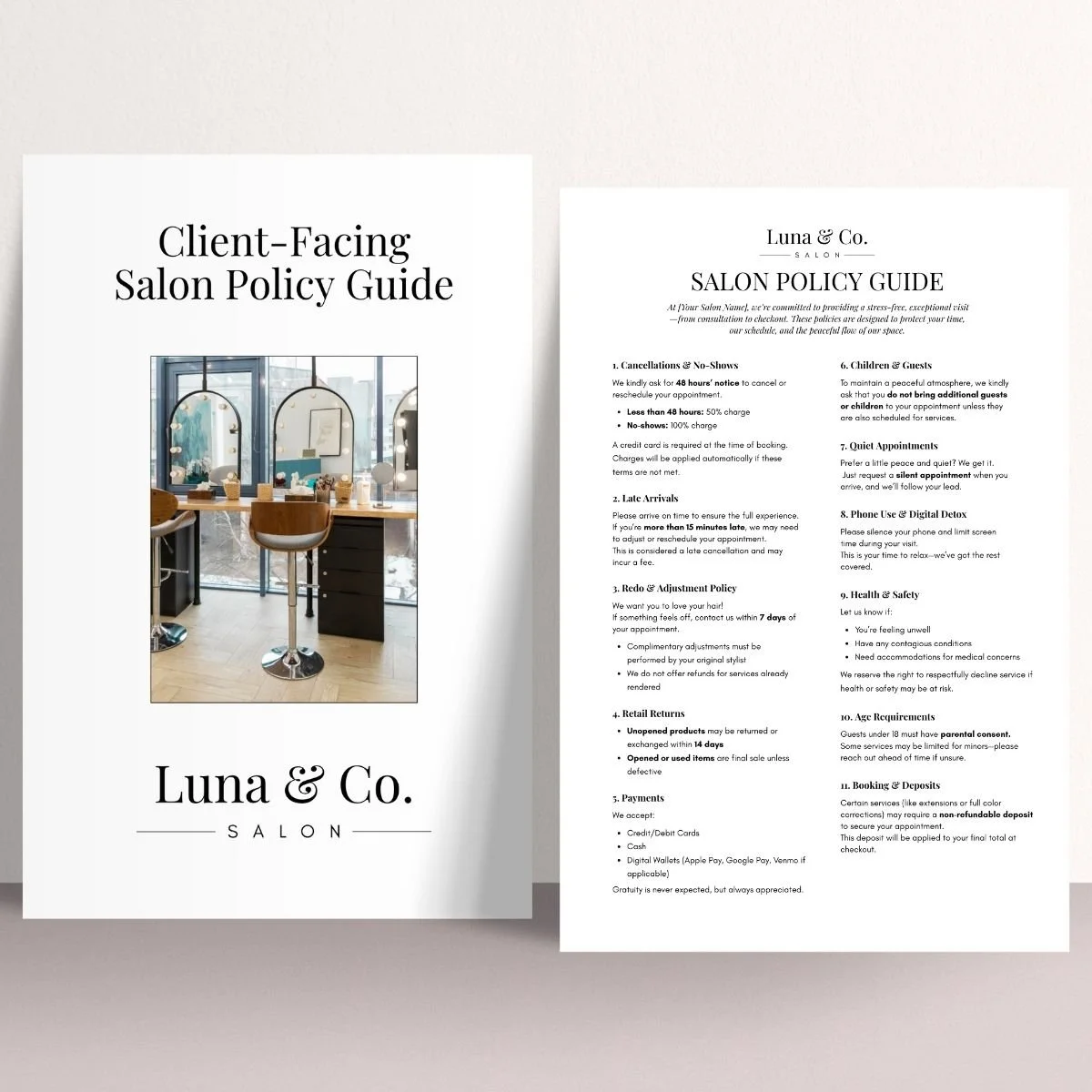 Salon policy guide with the title 'Client-Facing Salon Policy Guide' and a picture of a salon interior with mirrors and chairs, along with a detailed policy document.