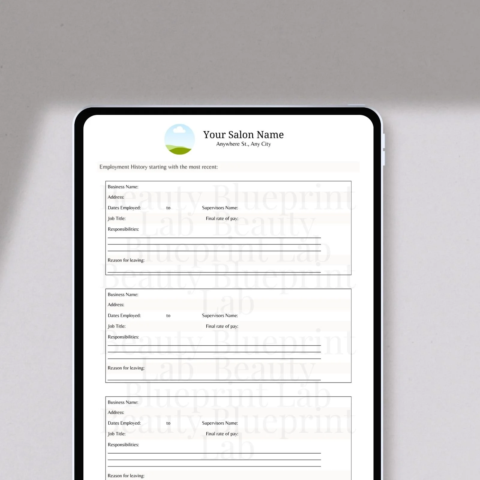 A digital employment form for a hair salon displayed on a smartphone screen, placed on a light-colored table or surface.