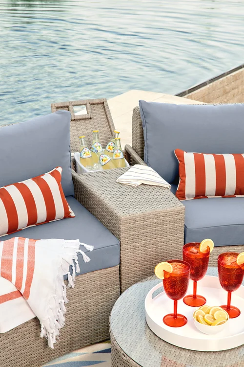 Poolside patio furniture setup after retouching