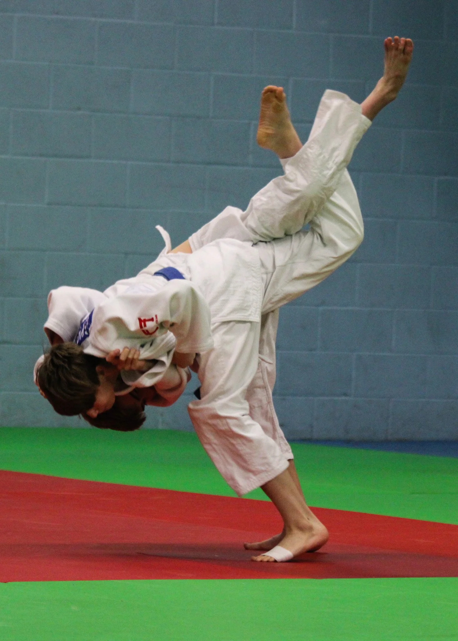 Two martial artists practicing judo, with one executing a throw on the other, in a gym with blue brick walls and green and red mats.