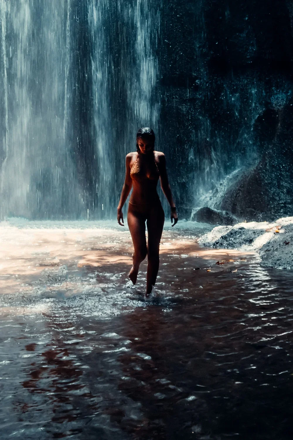 A dinner table with a plated dish of fish topped with greens and sauce, glasses of white wine, bread basket, and water glasses in a restaurant setting.