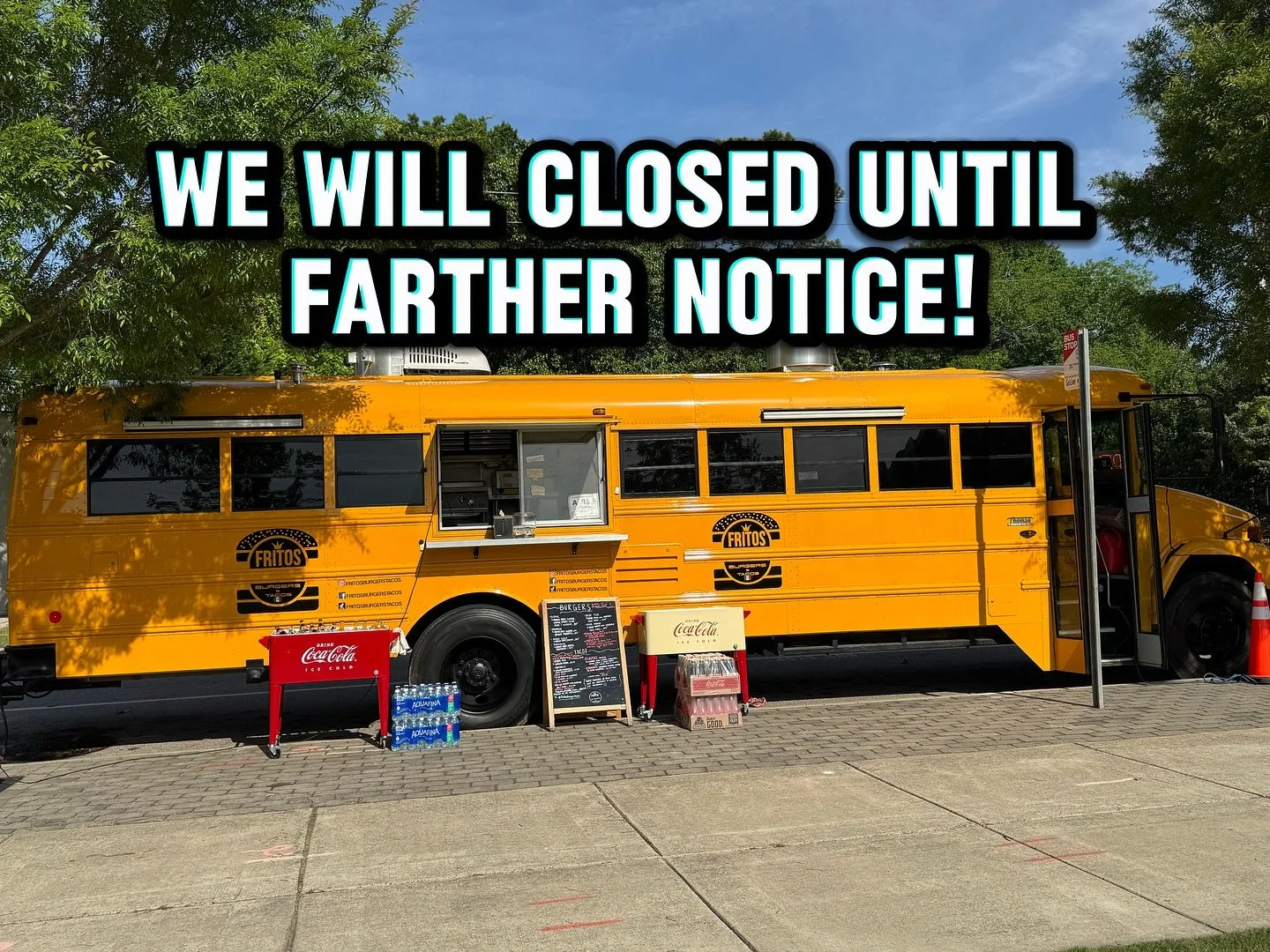 Fritos Burgers &amp; Tacos will be closed until further notice.
Some of our equipment went down and we&rsquo;re working hard to get everything fixed ASAP so we can get back to serving you.
Thank you for your patience and support.

 @bussinpizza will 