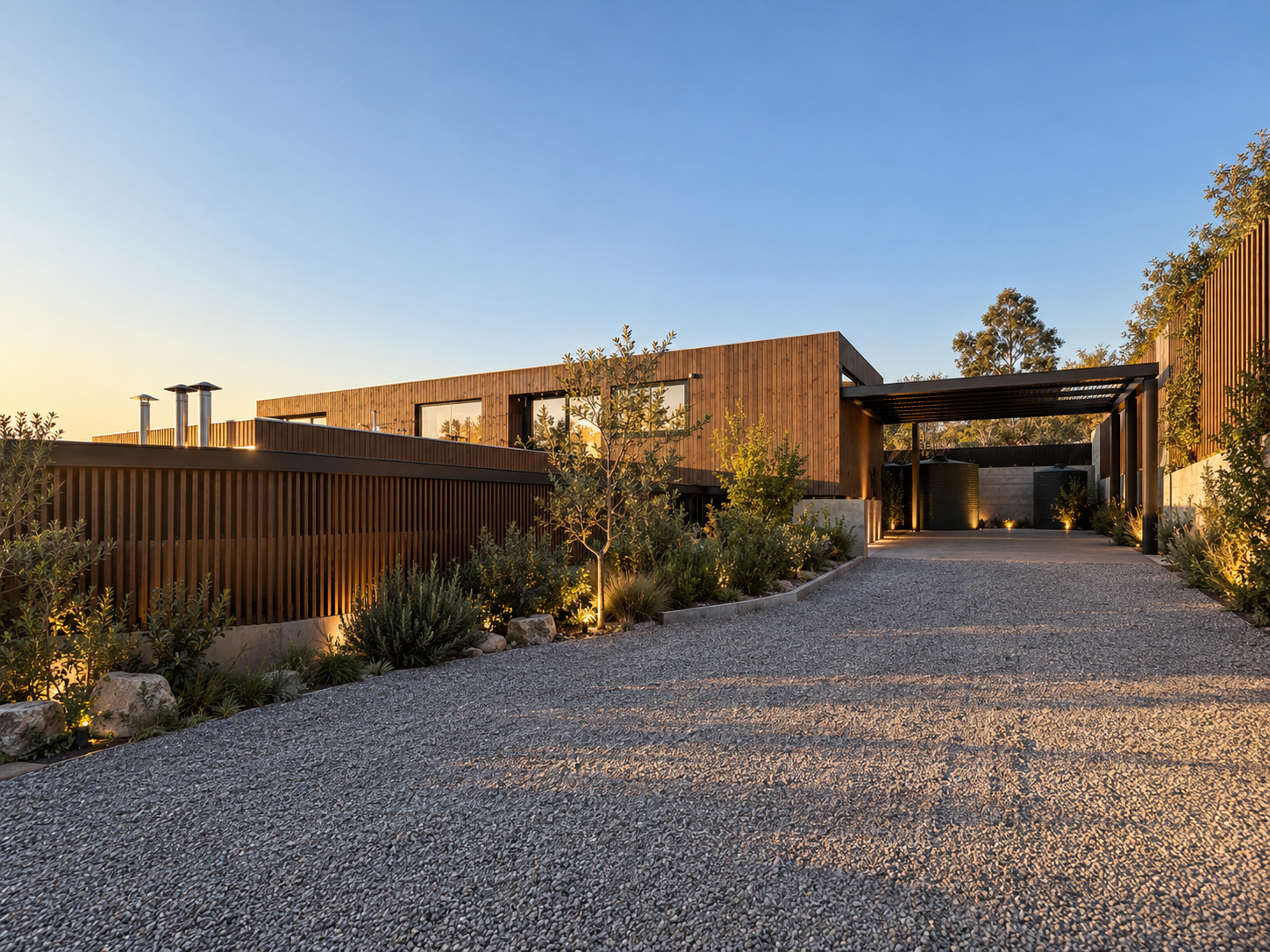 Casa moderna de madera al atardecer.png