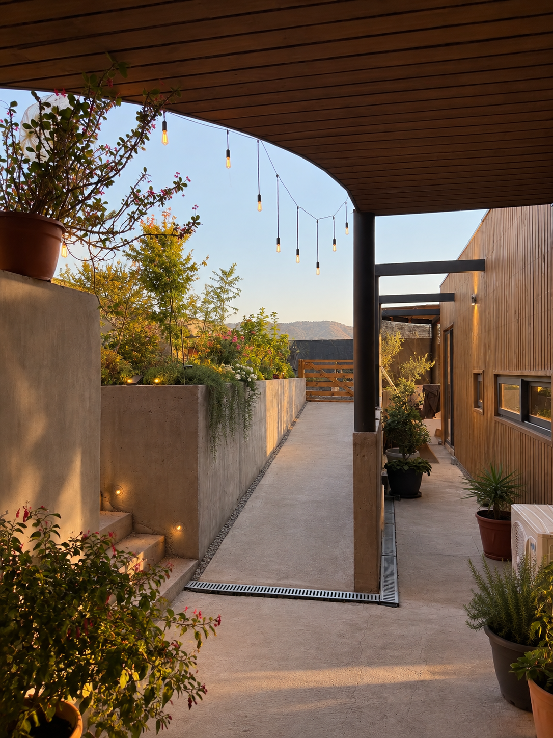 Pasillo moderno de jardín al atardecer.png