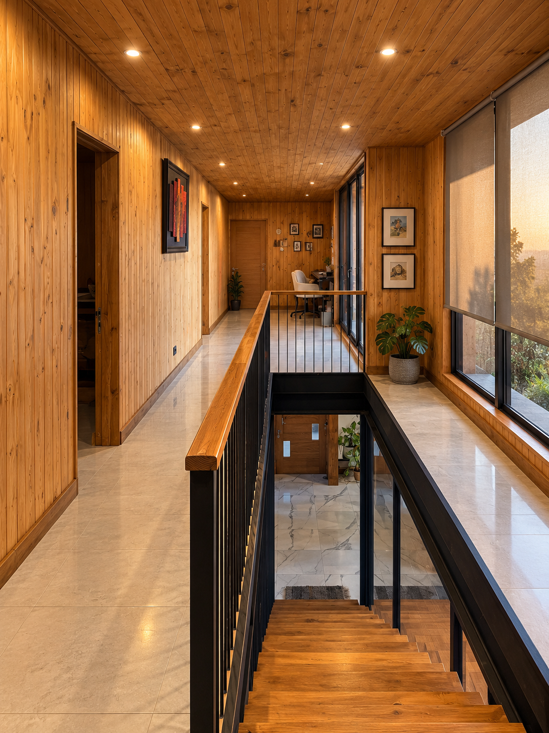Pasillo de madera con luz cálida y escalera.png