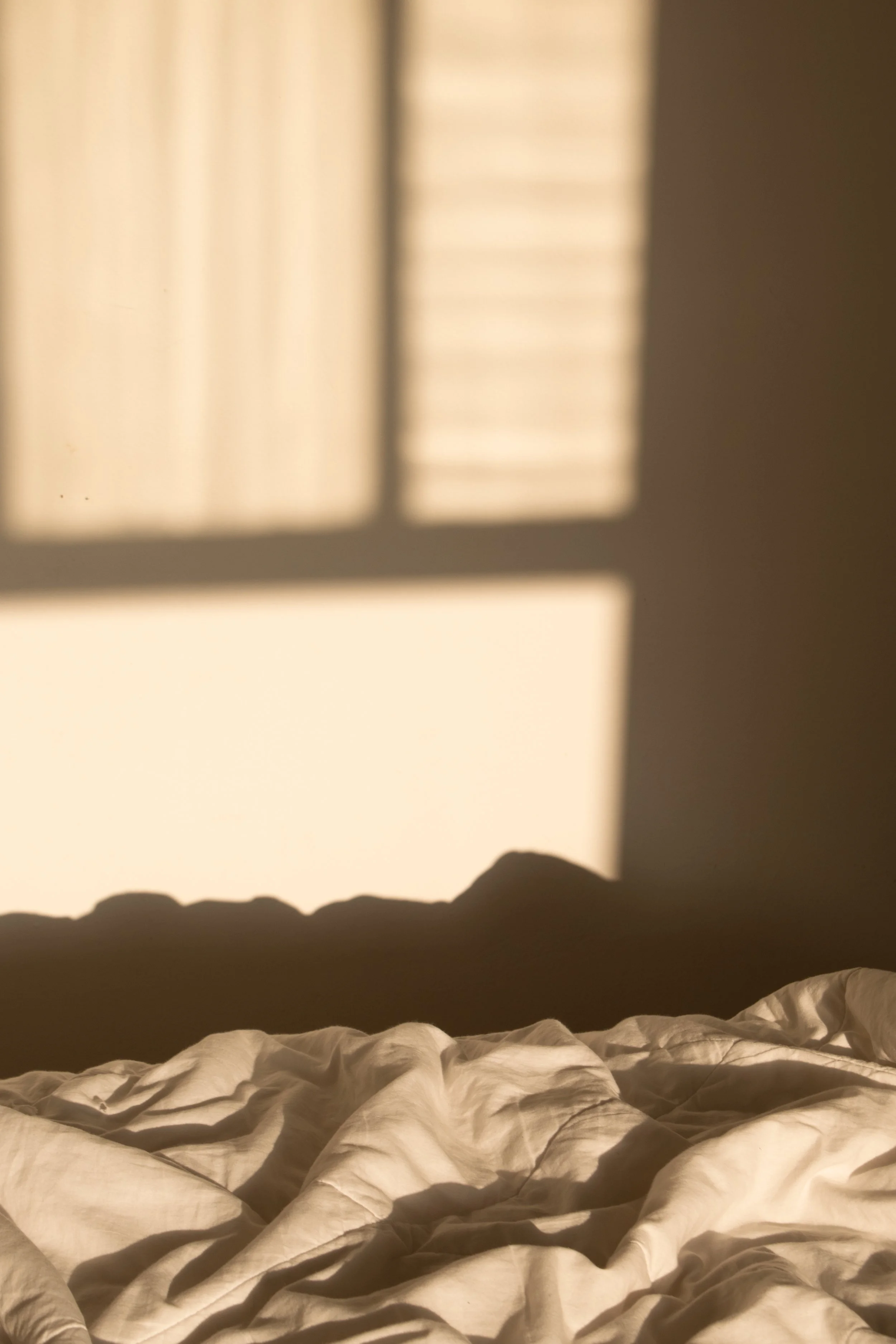 Sunlight casting shadows of window blinds on a wall behind a rumpled bed with white sheets.