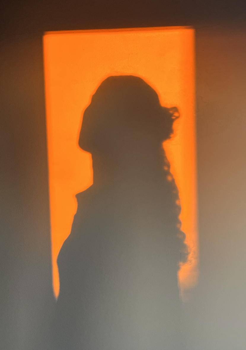 Silhouette of a woman with curly hair against an orange backlit background.