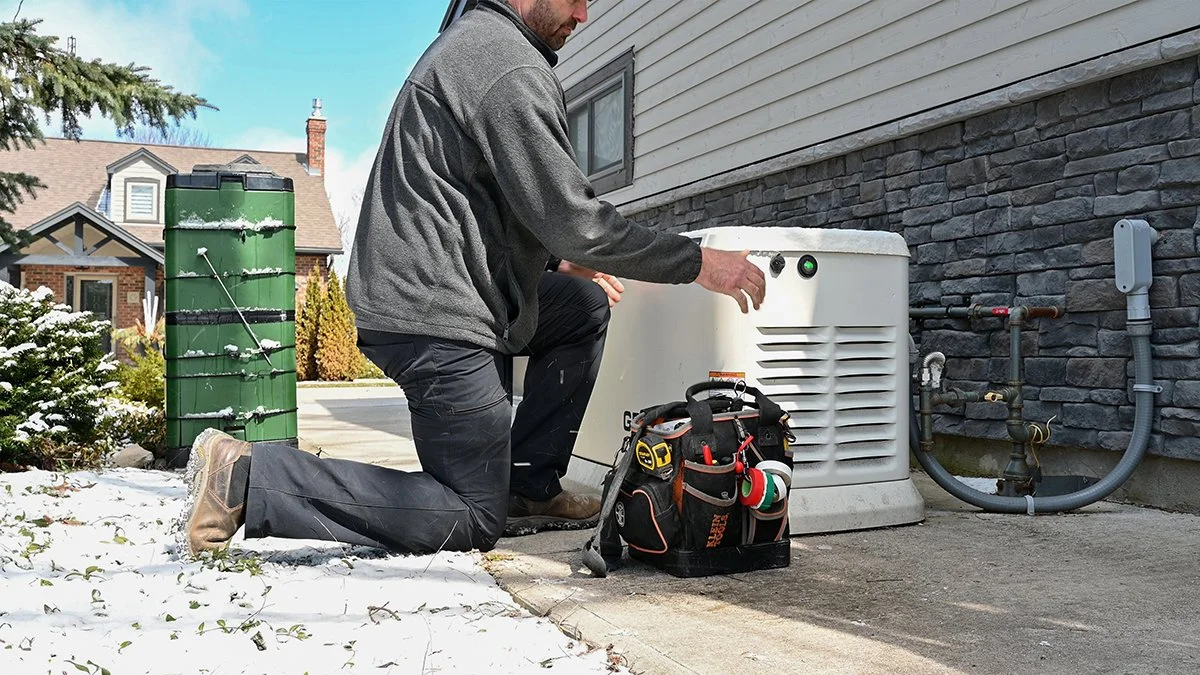 Electrician fixing home standby generator.