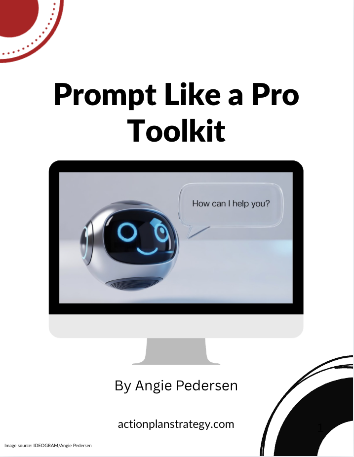 Book cover titled 'Prompt Like a Pro Toolkit' by Angie Pedersen, featuring a computer screen displaying a robot with a friendly face and speech bubble saying 'How can I help you?'.
