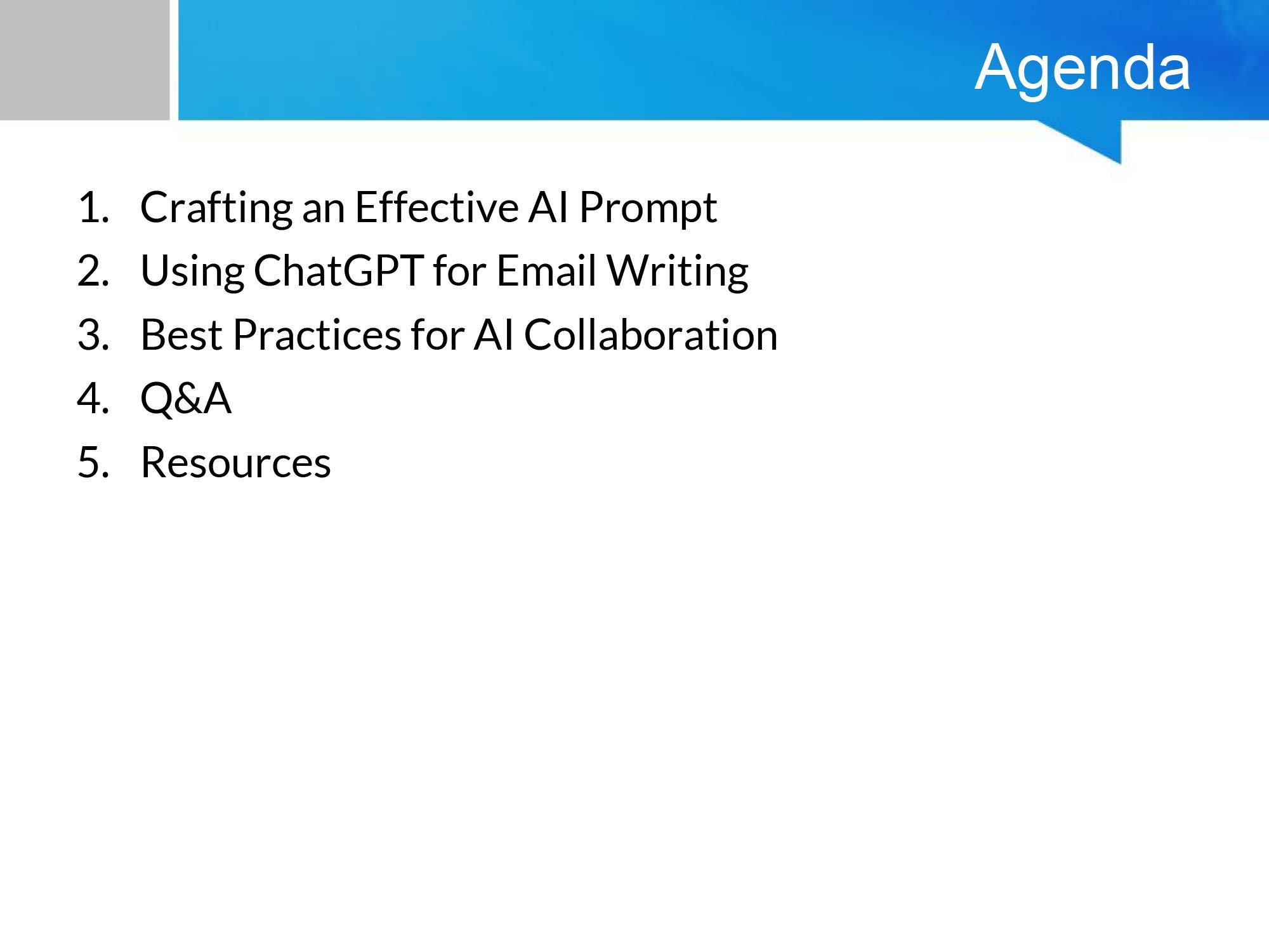 Agenda for AI-Assisted Strategic Email Marketing training presentation by Angie Pedersen