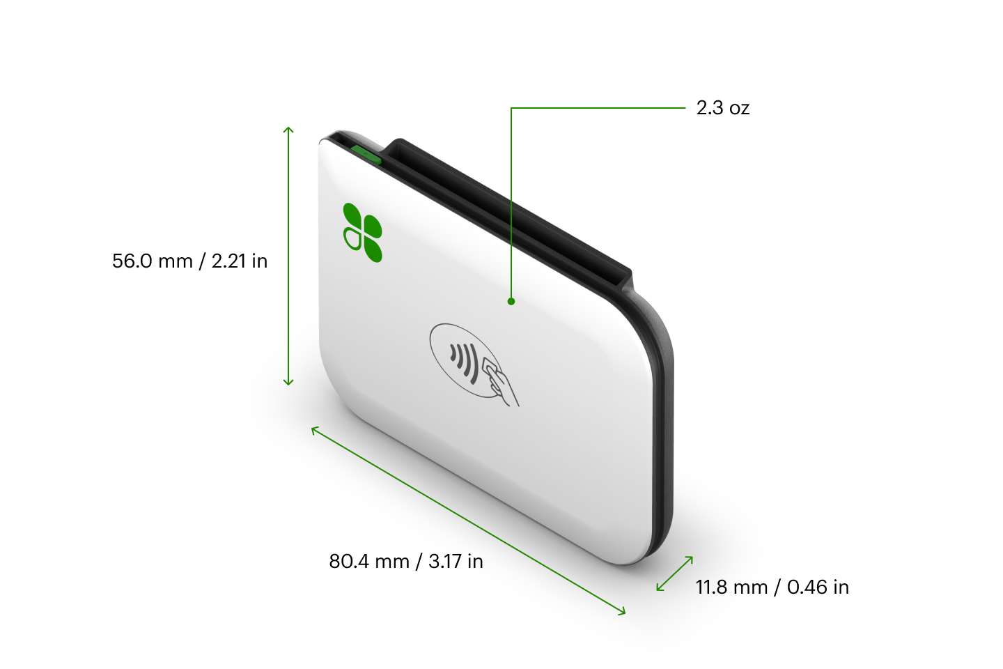 A small rectangular electronic device with a white front and black sides, featuring a contactless payment symbol in the center and a green logo in the top left corner, measuring approximately 4 inches in height, 3 inches in width, and 0.2 inches thick.