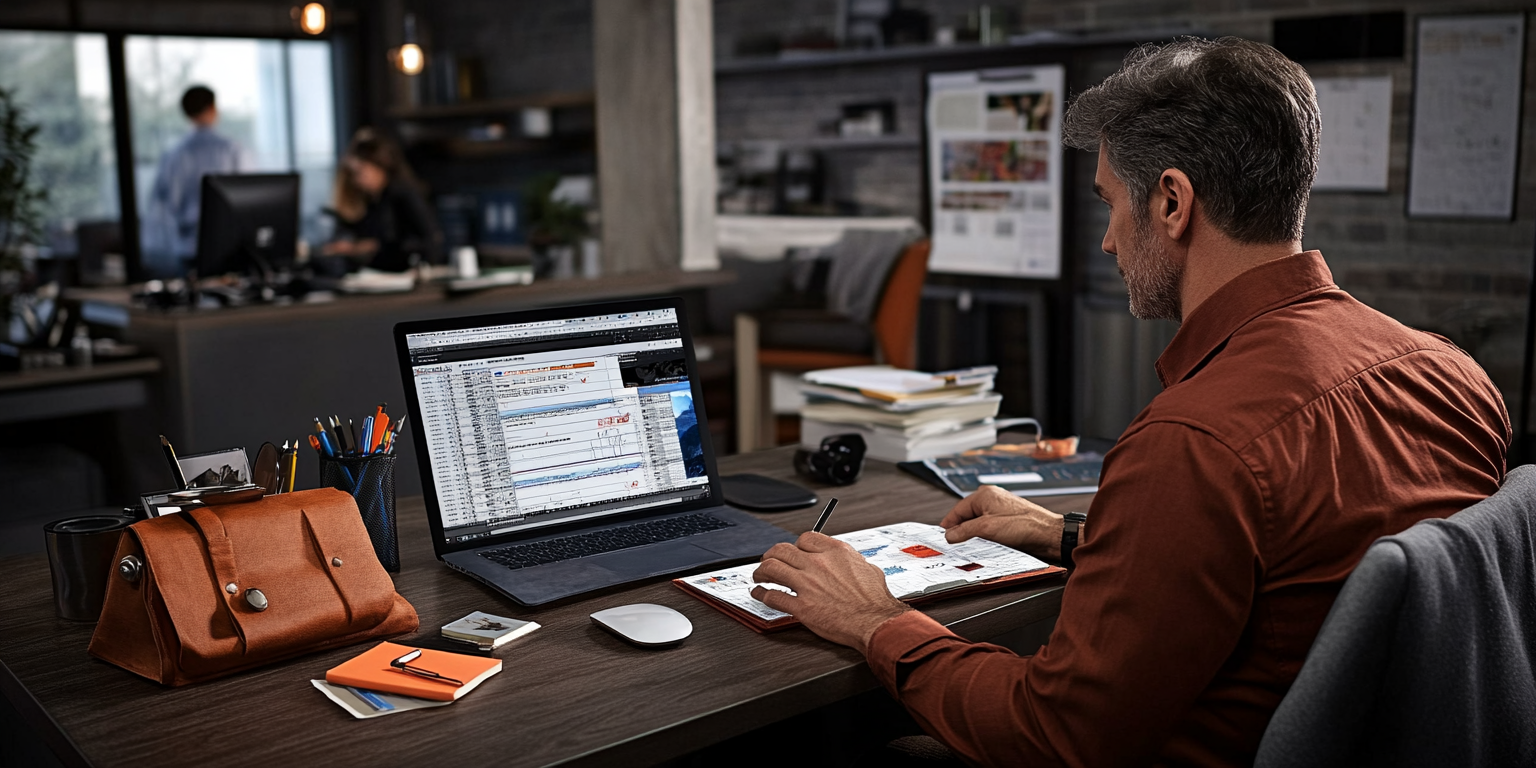 A man working at his desk in an office, using a laptop and taking notes with a pen; there are office supplies and documents on the desk.