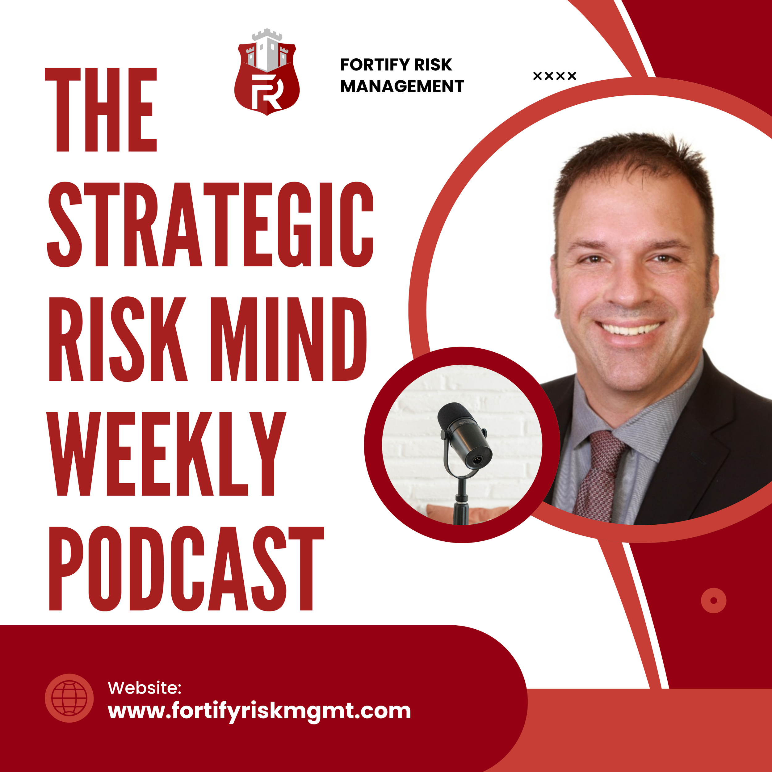 Podcast cover with a smiling man in business attire, a microphone graphic, and text promoting a weekly podcast on strategic risk management, with the website www.fortyriskmgmt.com.